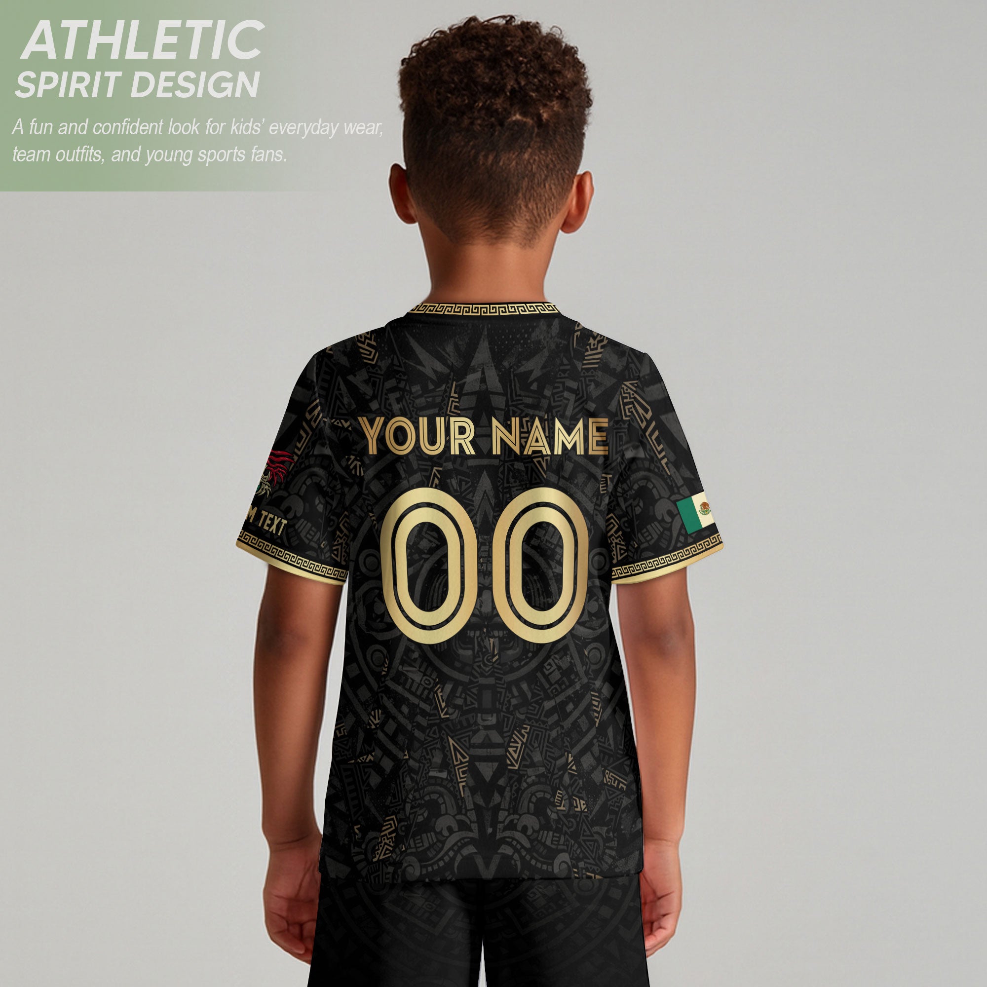 Custom Kid Mexico Soccer Jersey Black Gold Edition Mayan Print Custom Name Tee