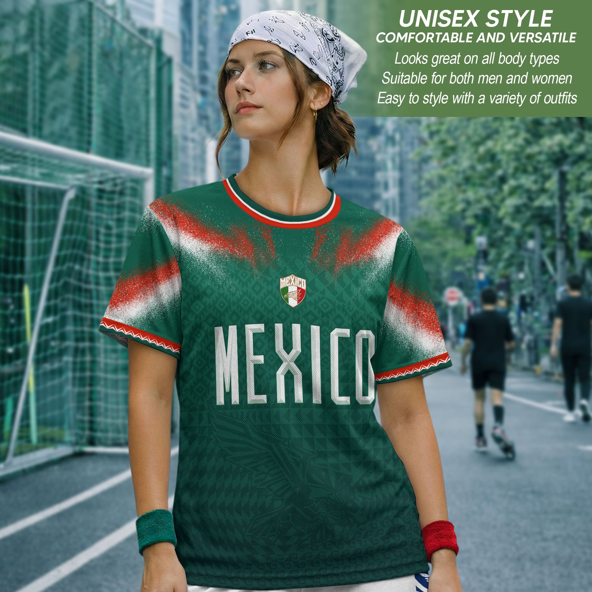 Camiseta de fútbol premium con emblema de águila azteca verde y dorado de México