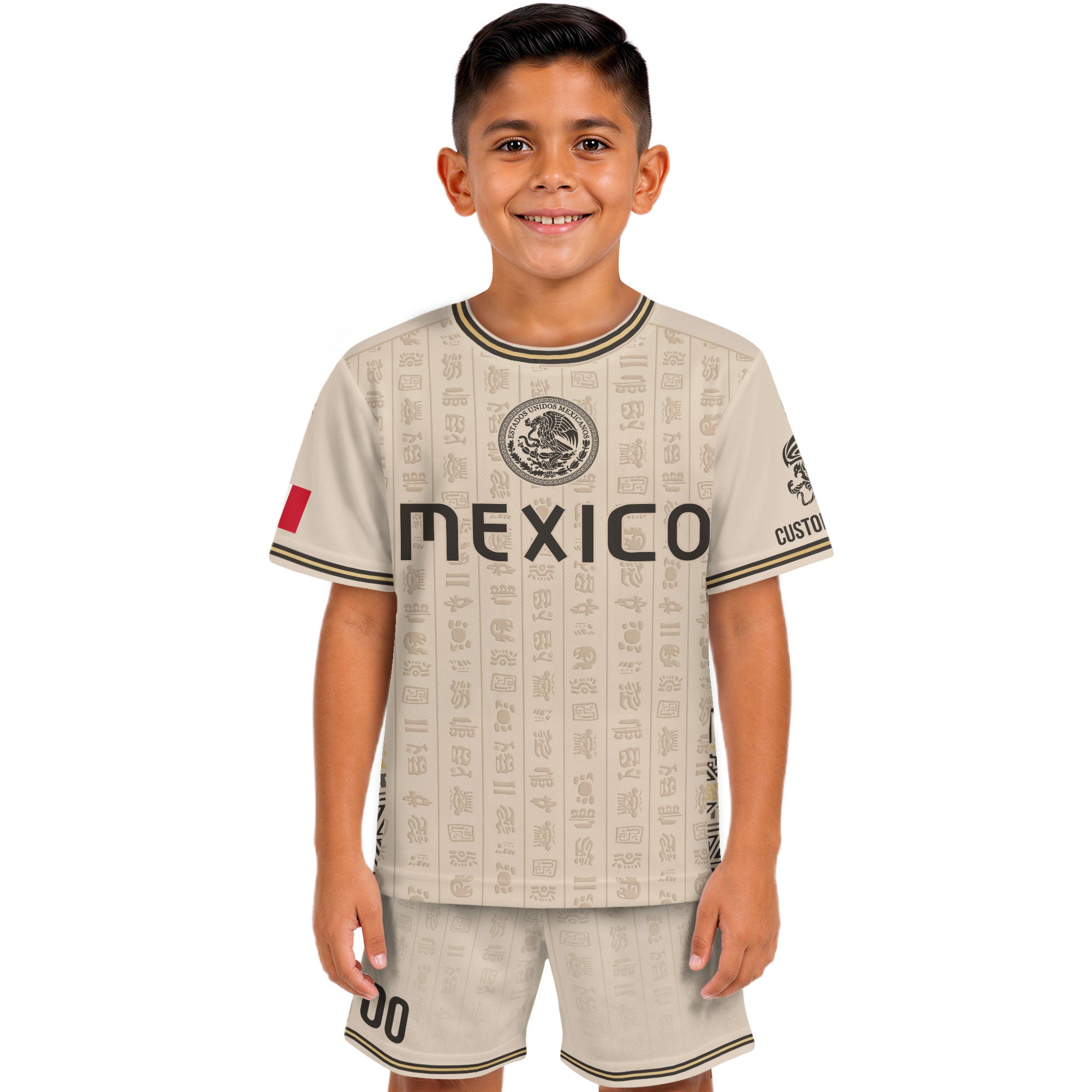 Custom Kid Mexico Soccer Jersey Sand Color Mayan Graphic Personalized Youth Top