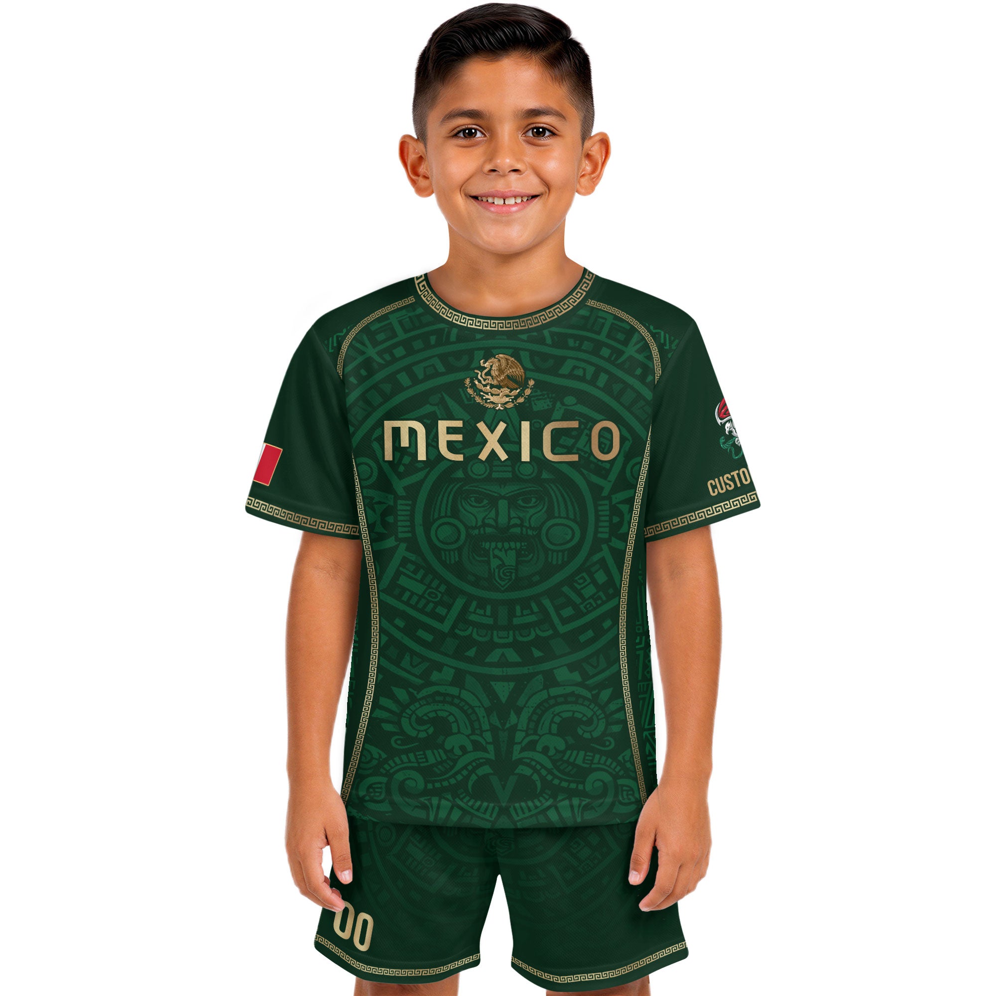 Custom Kid Mexico Soccer Jersey Green Edition Mayan Print Custom Name Youth Shirt