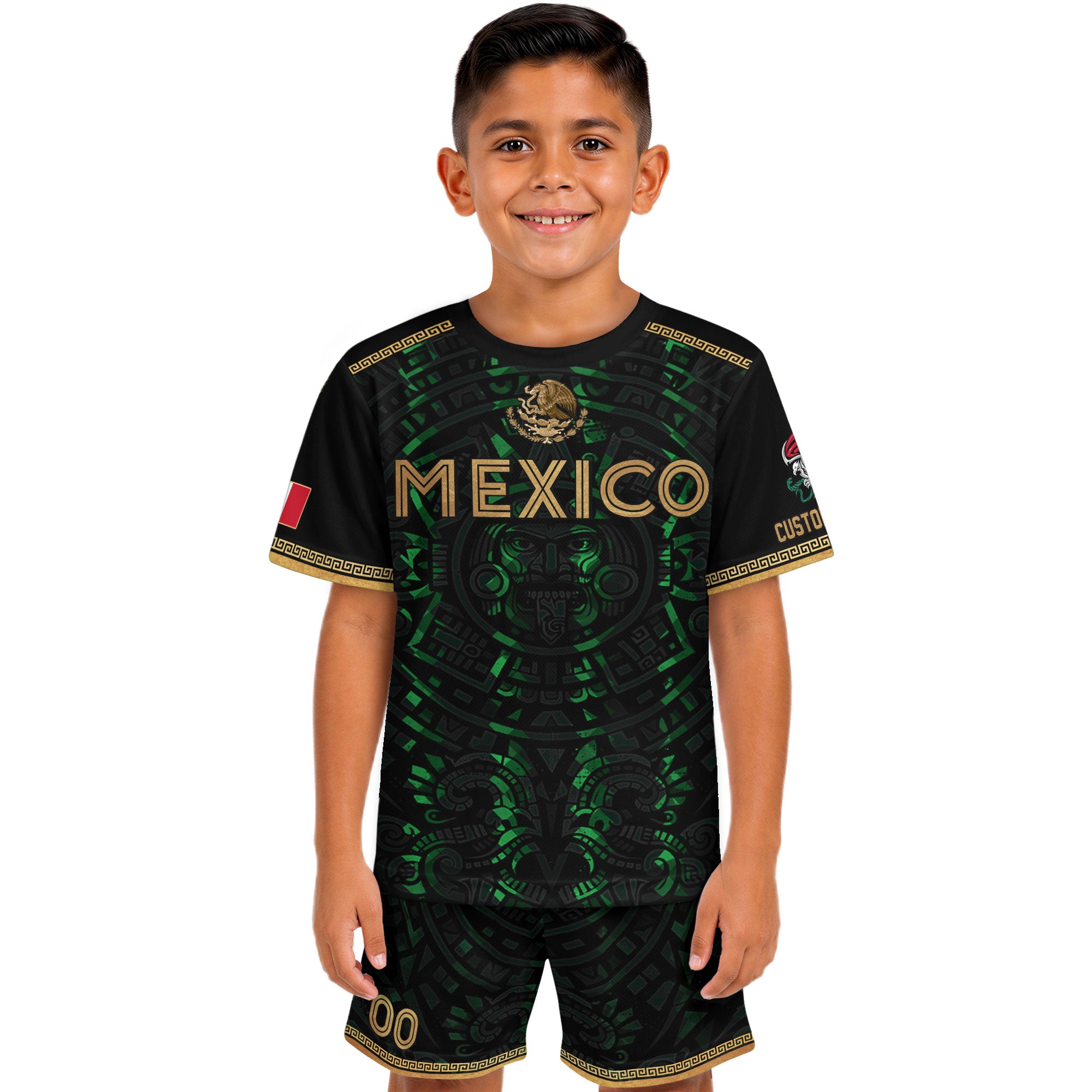 Custom Kid Mexico Soccer Jersey Black Green Design Tribal Pattern Sport Shirt
