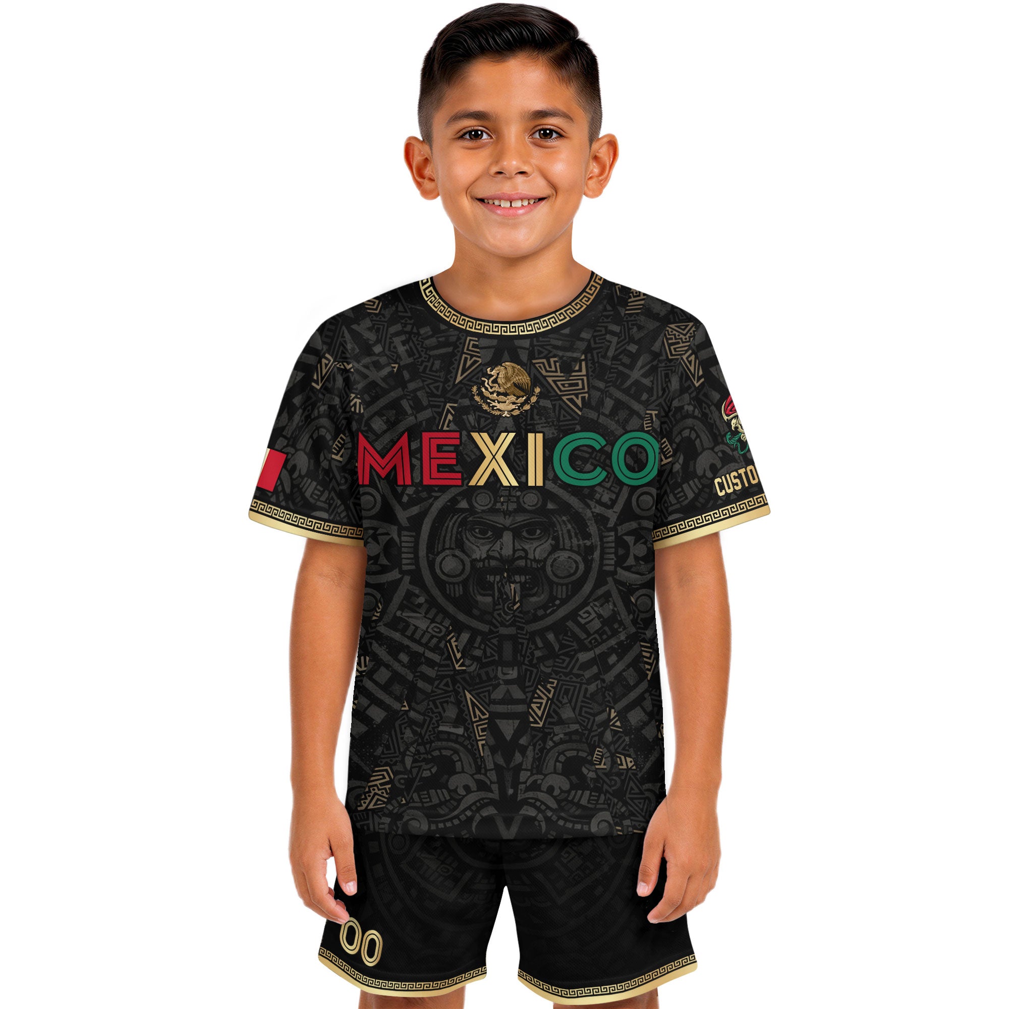 Custom Kid Mexico Soccer Jersey Black Gold Edition Mayan Print Custom Name Tee
