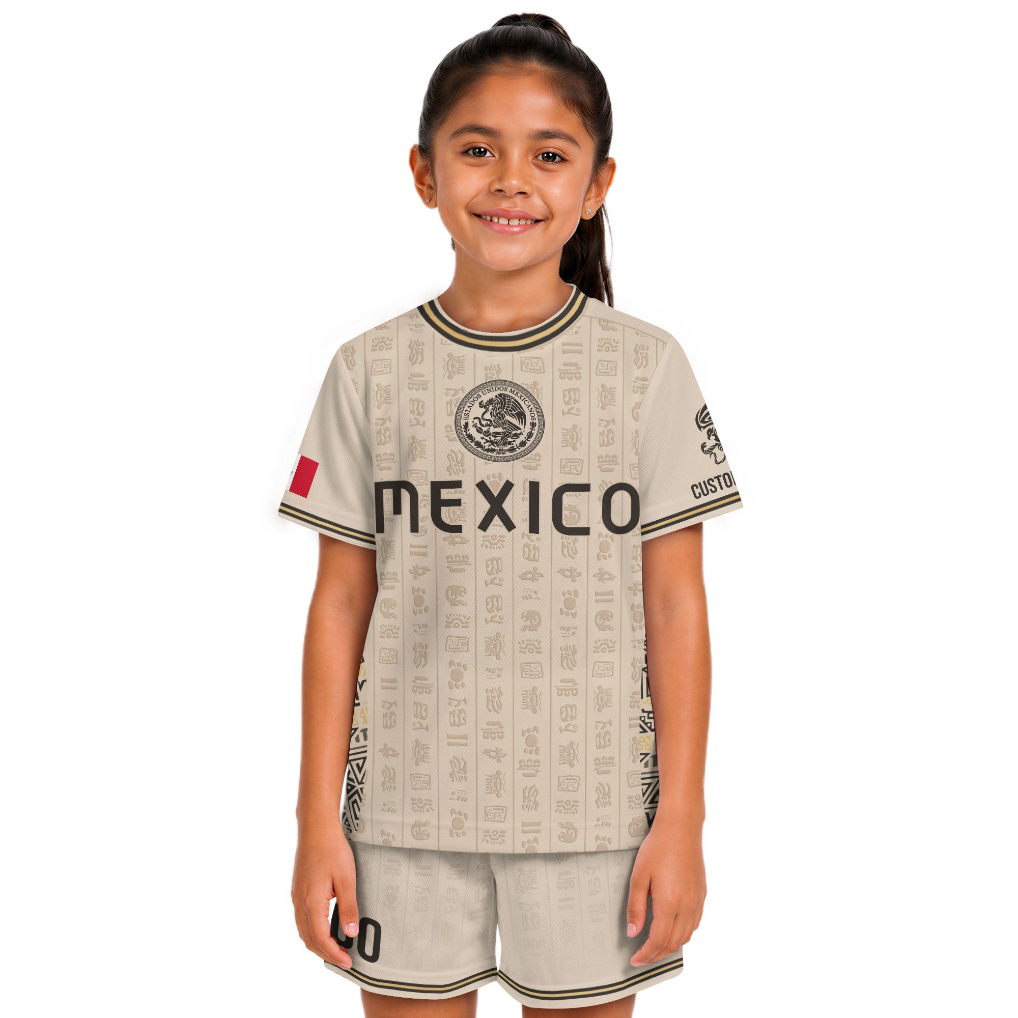 Custom Kid Mexico Soccer Jersey Sand Color Mayan Graphic Personalized Youth Top
