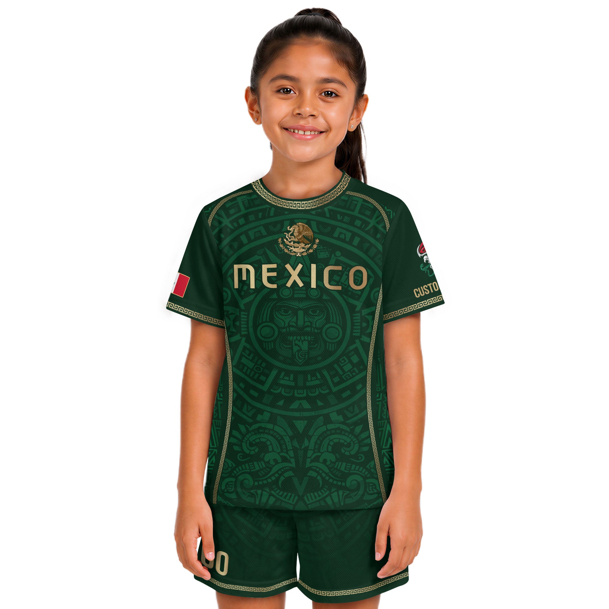 Custom Kid Mexico Soccer Jersey Green Edition Mayan Print Custom Name Youth Shirt