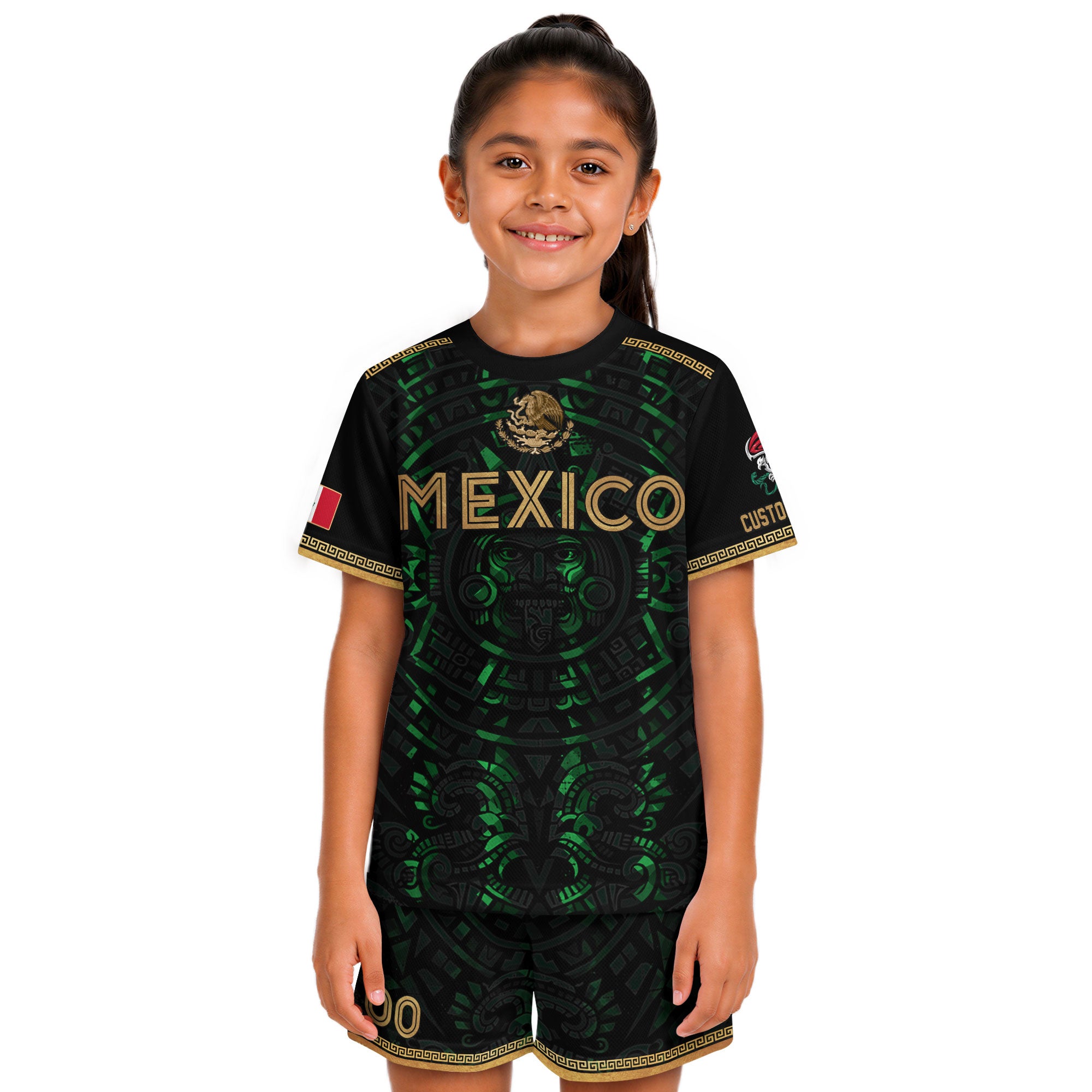 Custom Kid Mexico Soccer Jersey Black Green Design Tribal Pattern Sport Shirt