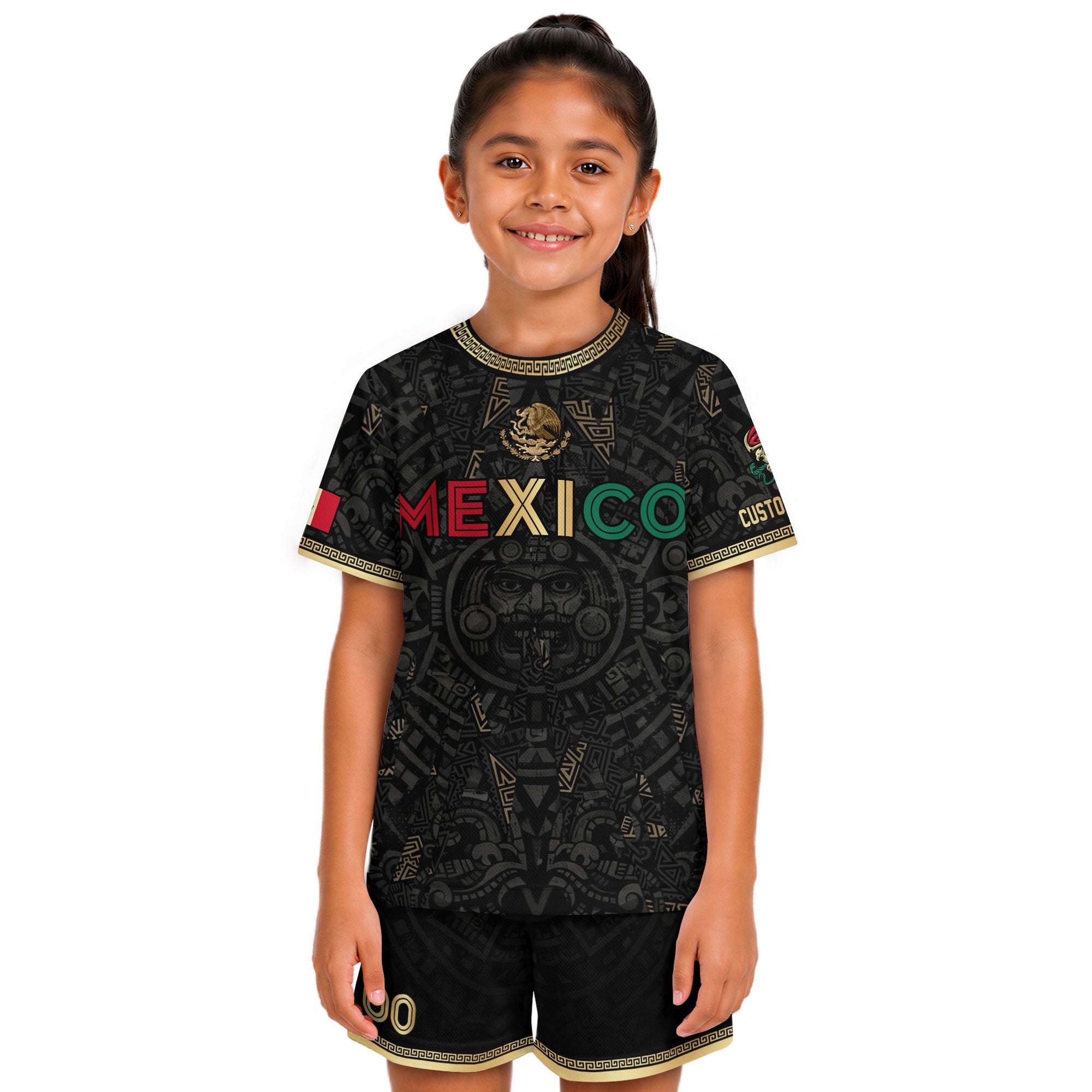 Custom Kid Mexico Soccer Jersey Black Gold Edition Mayan Print Custom Name Tee