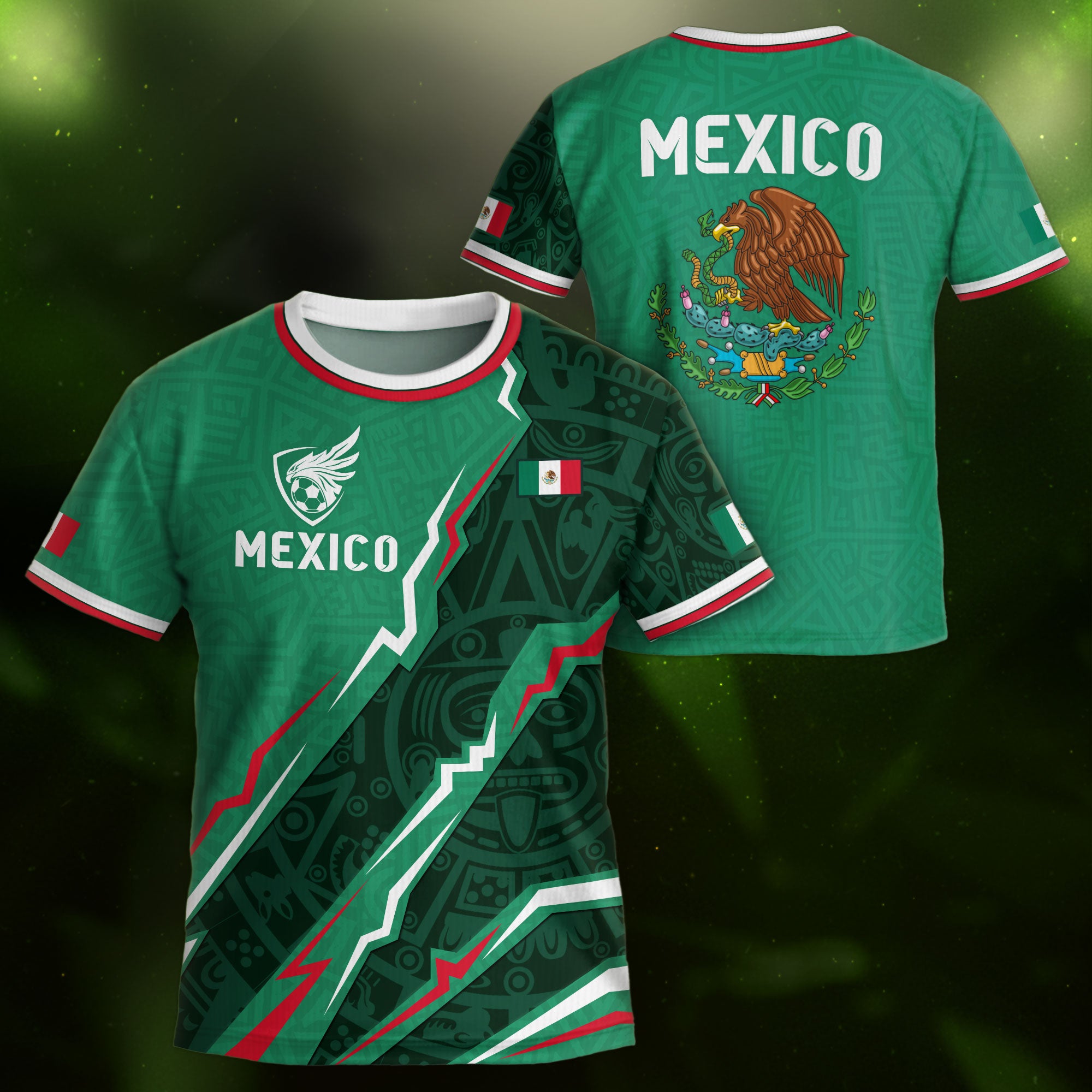 Camiseta de fútbol infantil de México con diseño de escudo con patrón azteca verde
