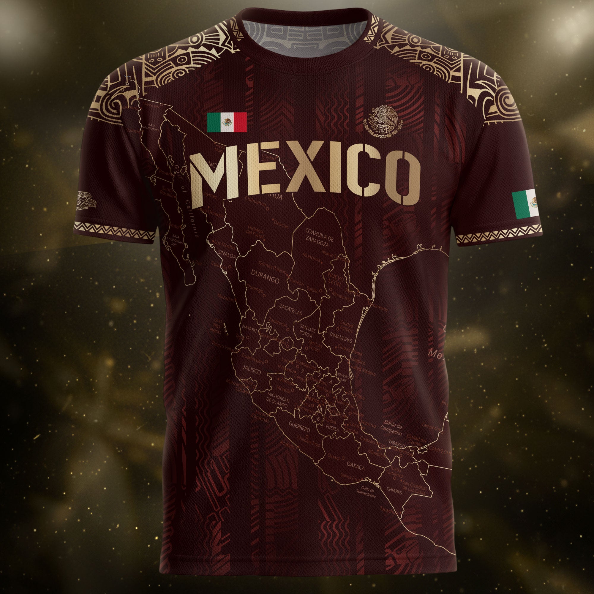 Mexico Soccer Jersey Burgundy Map Aztec Pattern Heritage Golden Details Design