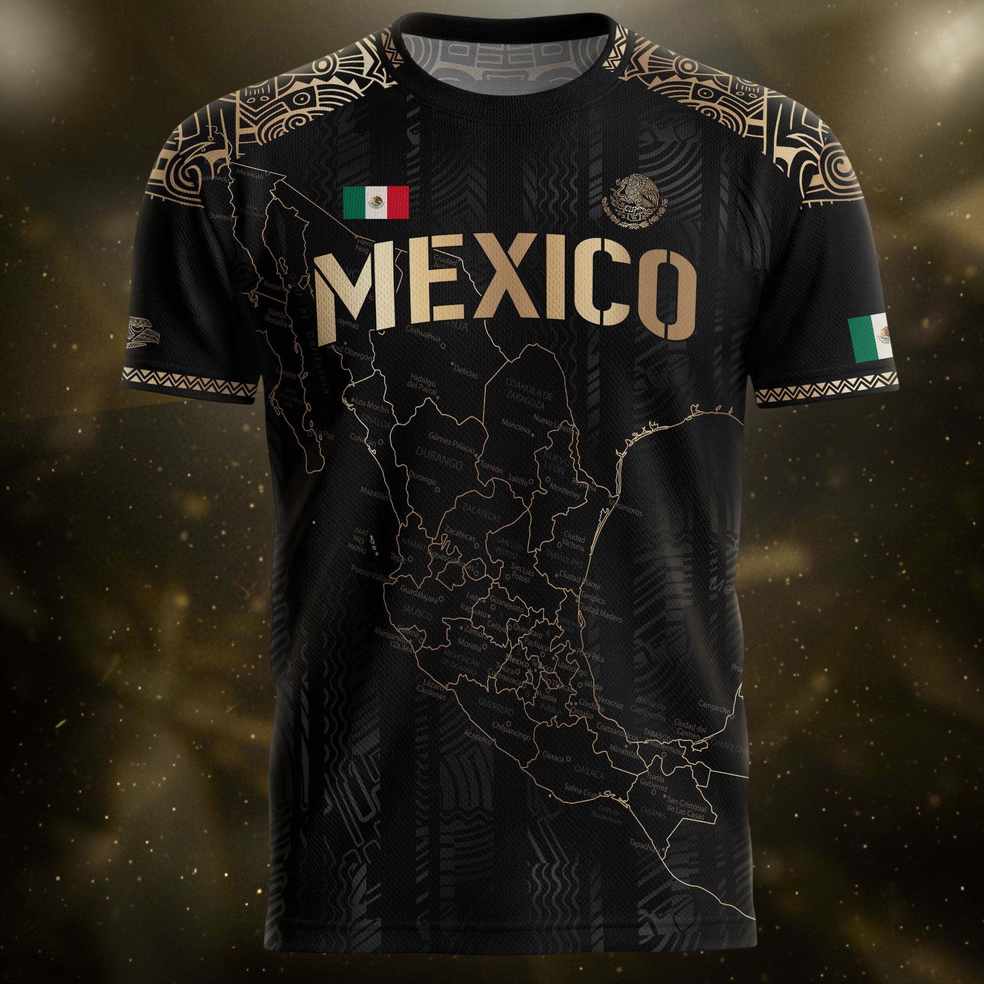 Mexico Black Heritage Map Soccer Jersey with Golden Aztec Details