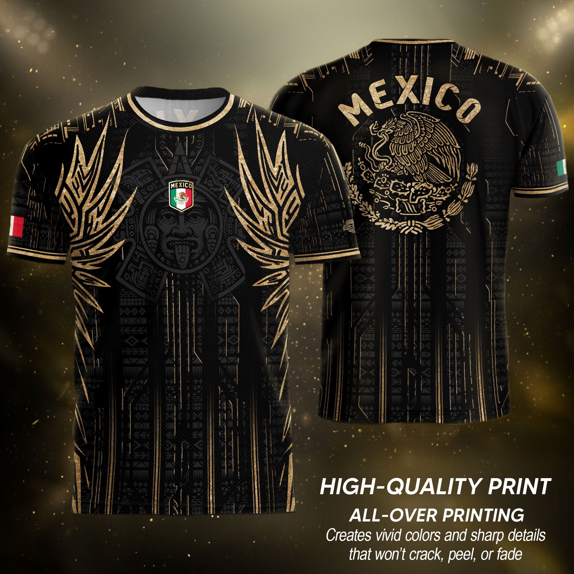 Mexico Soccer Jersey Black Aztec Warrior Gold Feather Design