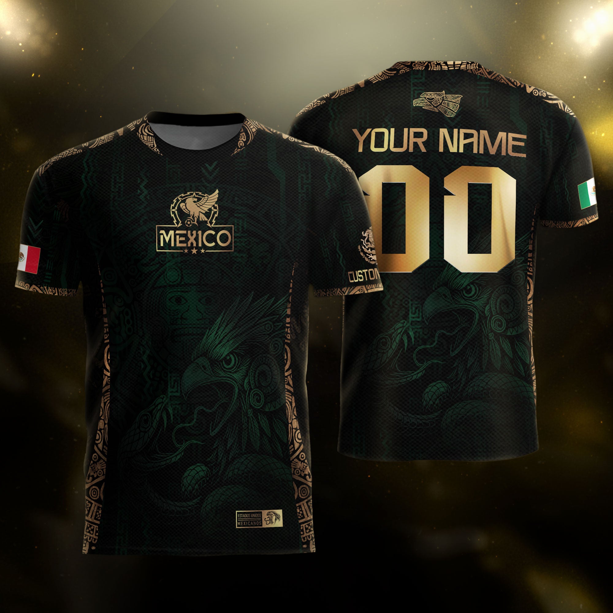 Camiseta de fútbol personalizada de México, color verde y dorado, con diseño de águila azteca.
