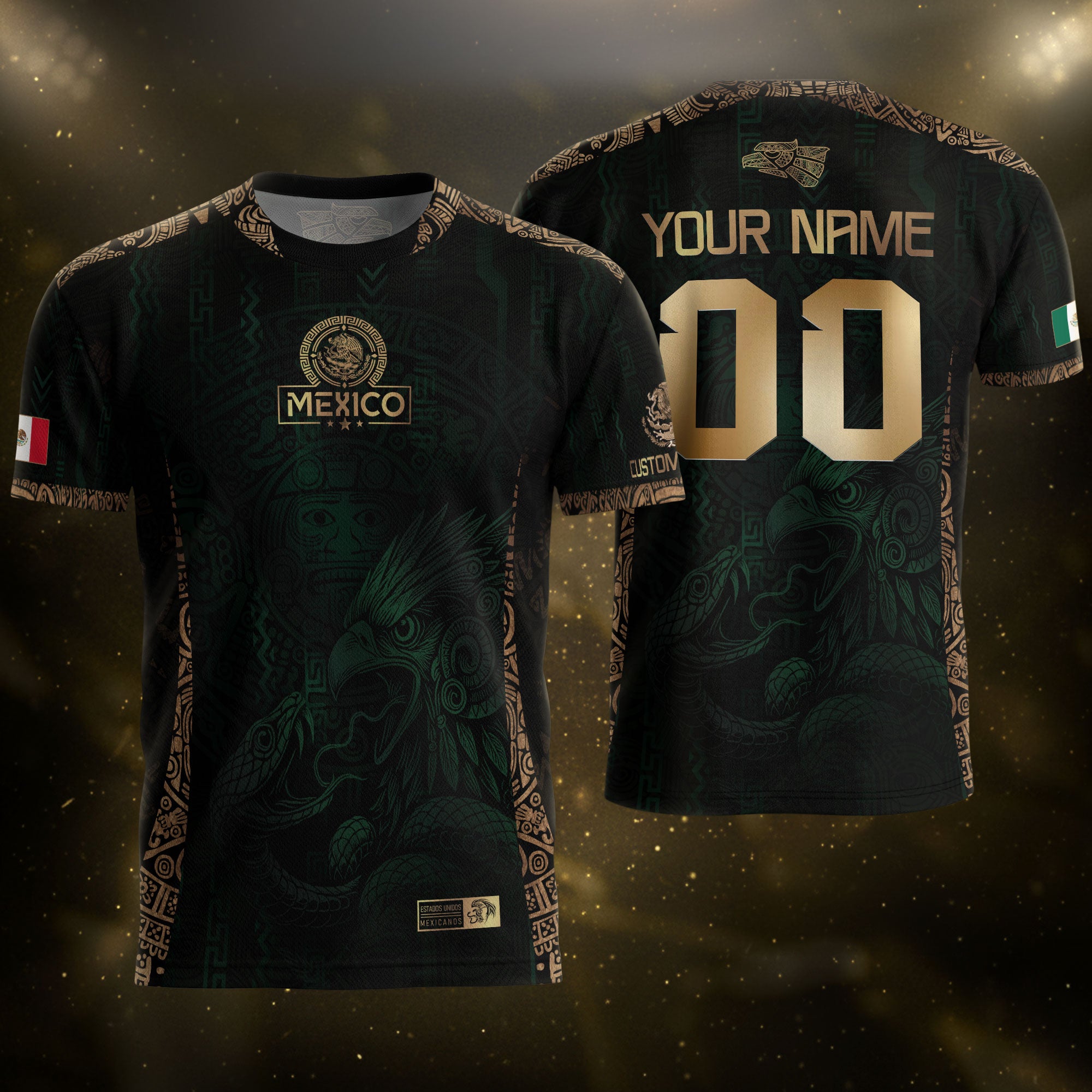 Custom Mexico Green Gold Soccer Jersey with Aztec Eagle Warrior Design