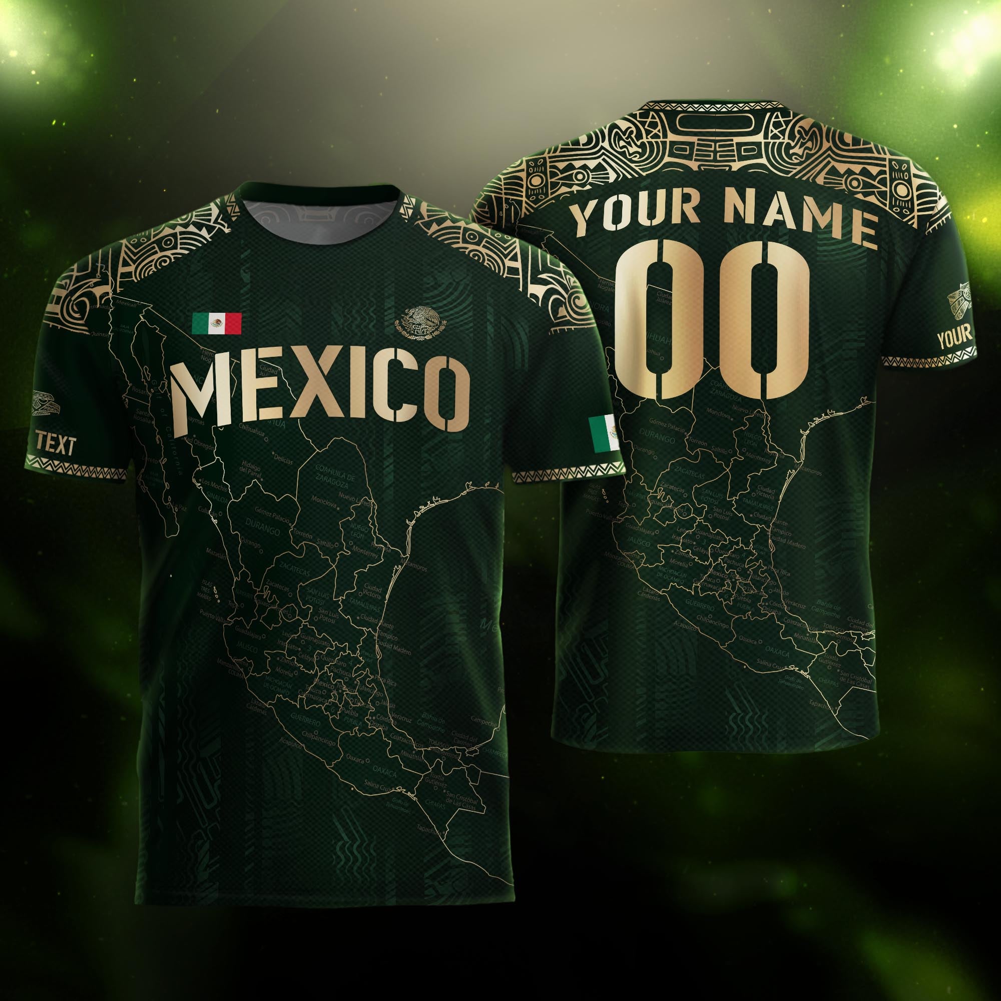 Camiseta de fútbol personalizada con el mapa verde y dorado de México y herencia azteca