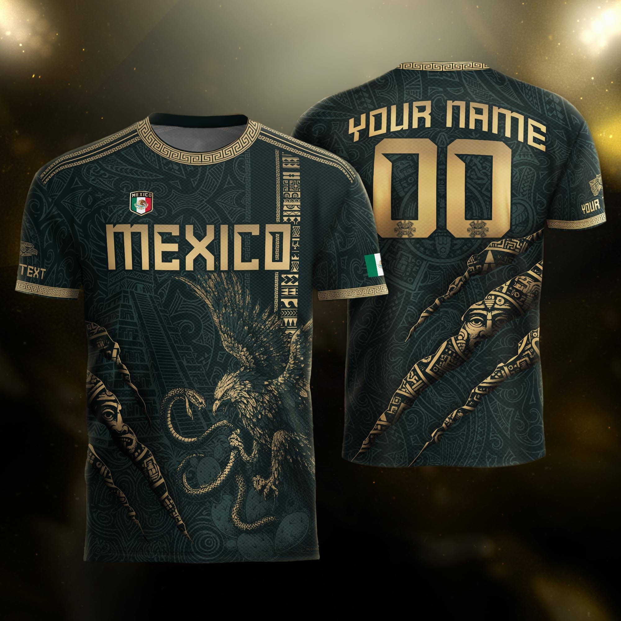 Camiseta de fútbol personalizada de México, verde, dorado, con garra de águila y guerrero azteca.