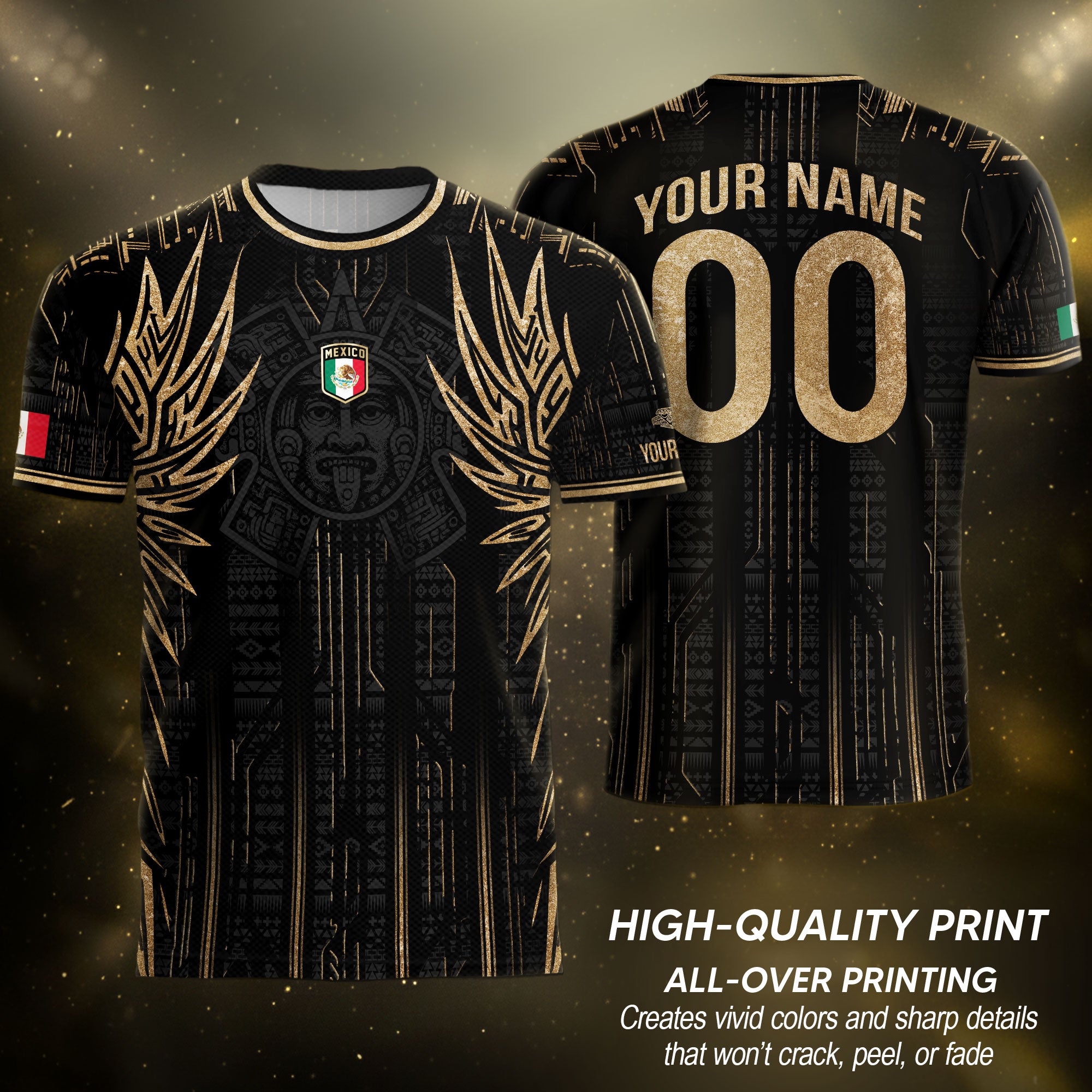 Camiseta de fútbol personalizada de México con alas de guerrero azteca, color negro y dorado