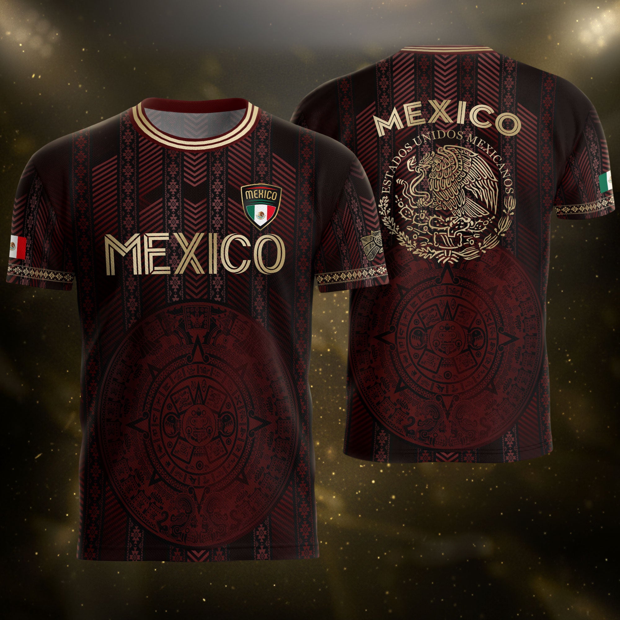 Mexico Burgundy Soccer Jersey with Golden Aztec Calendar and Eagle Crest