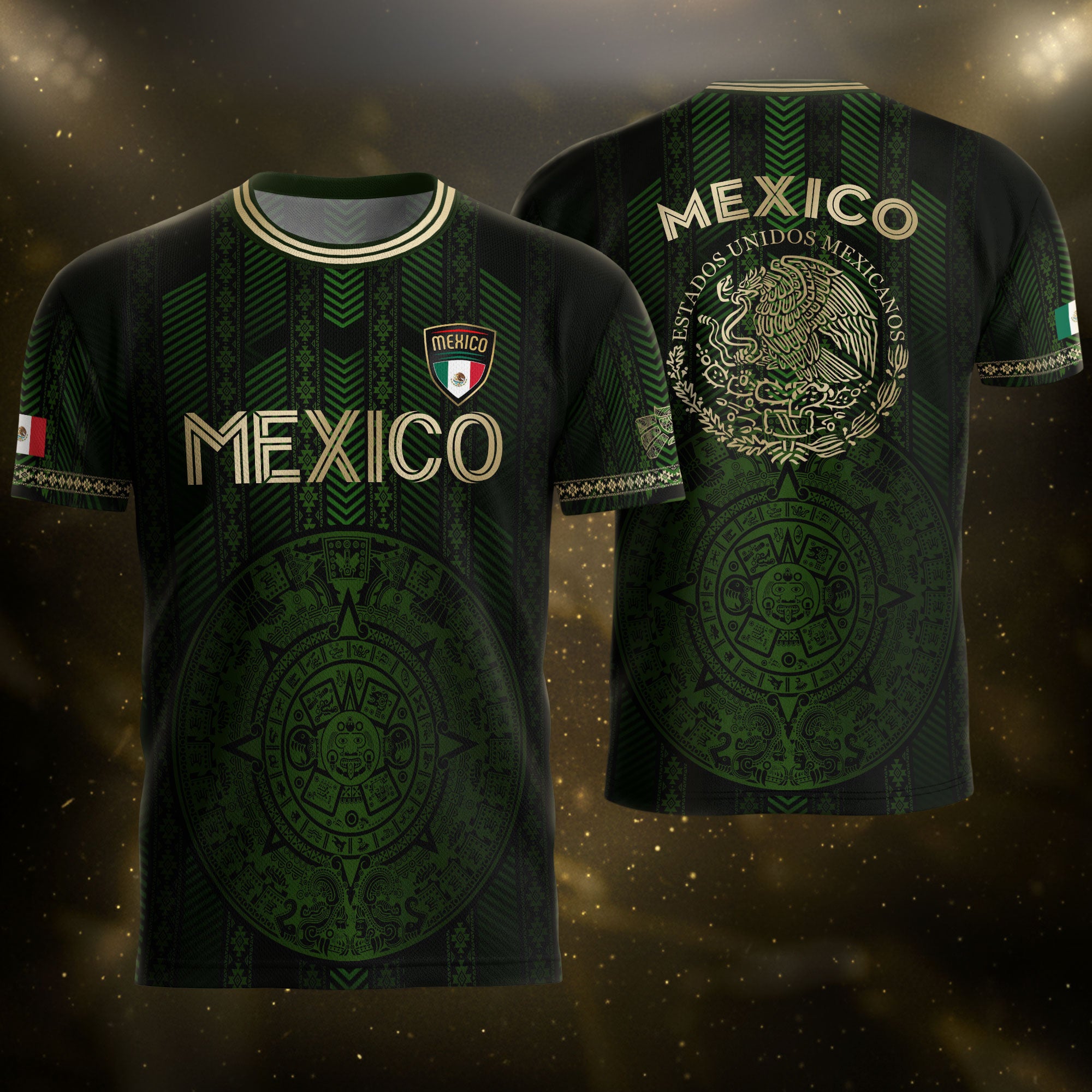 Mexico Green Soccer Jersey with Golden Aztec Calendar and Eagle Crest