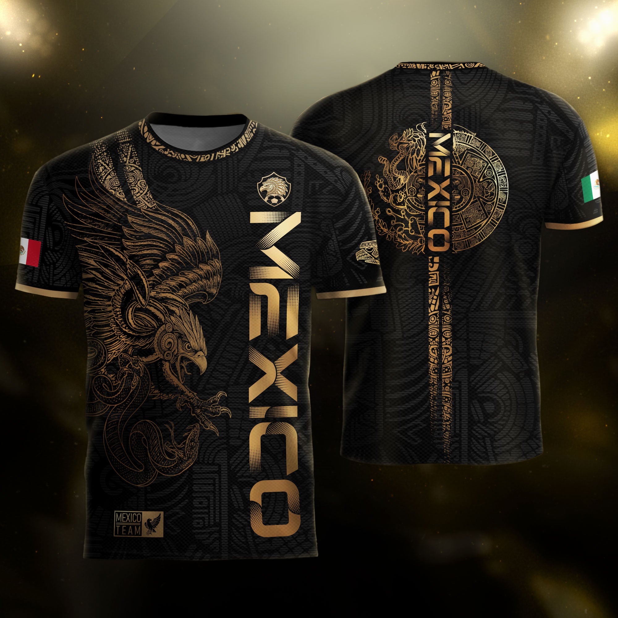 Mexico Black Gold Eagle Aztec Warrior Heritage Soccer Jersey Bundle