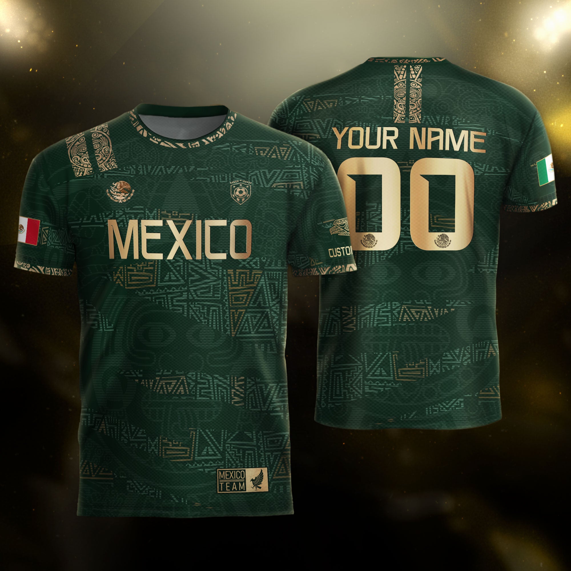 Camiseta de fútbol personalizada de México con estampado azteca verde y dorado