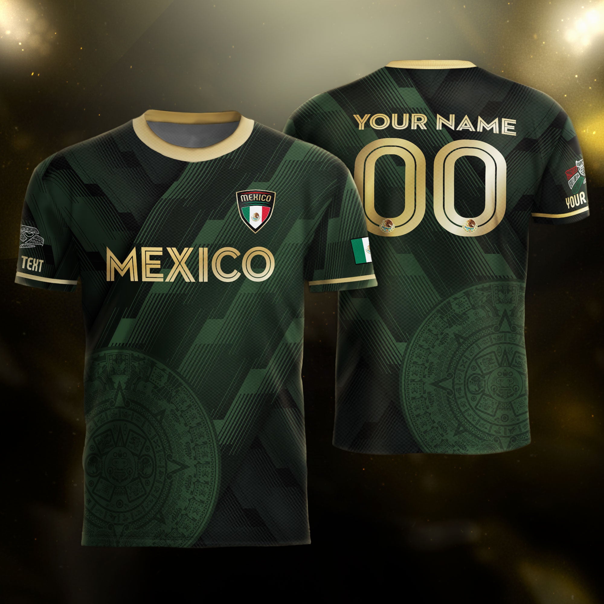 Camiseta de fútbol verde de México personalizada con diseño de calendario azteca dorado