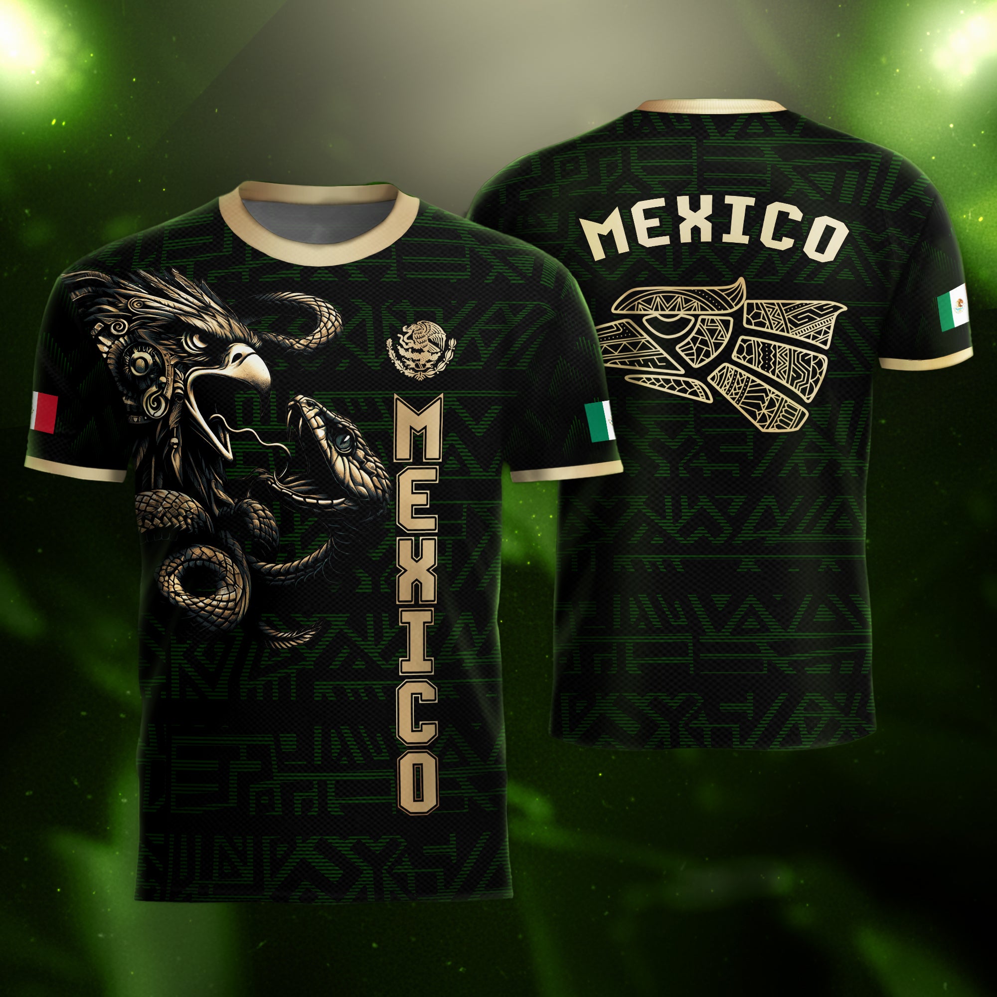 Camiseta de fútbol de la Serpiente Águila Azteca Negra Dorada de México