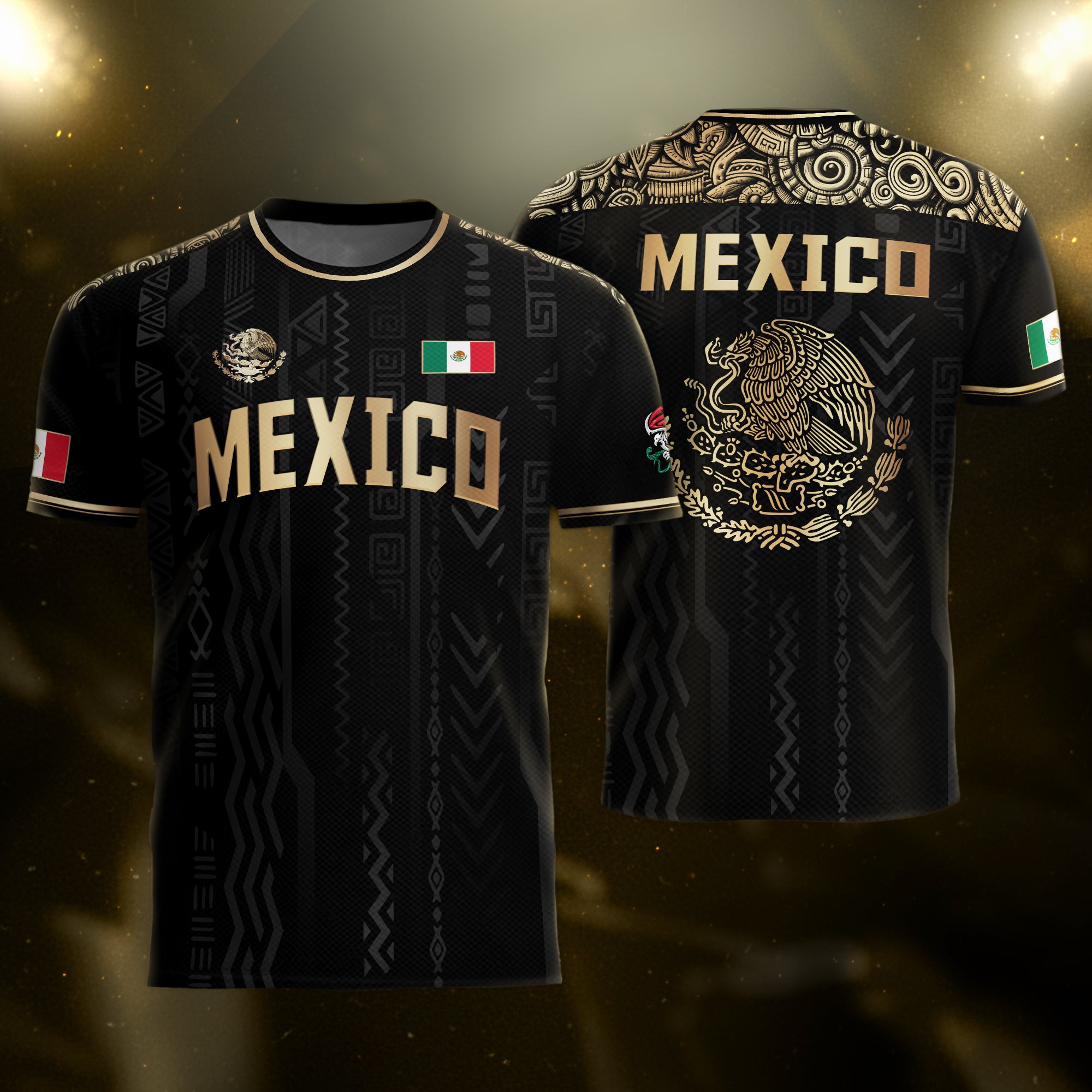 Camiseta de fútbol con el emblema nacional de México, color negro y dorado