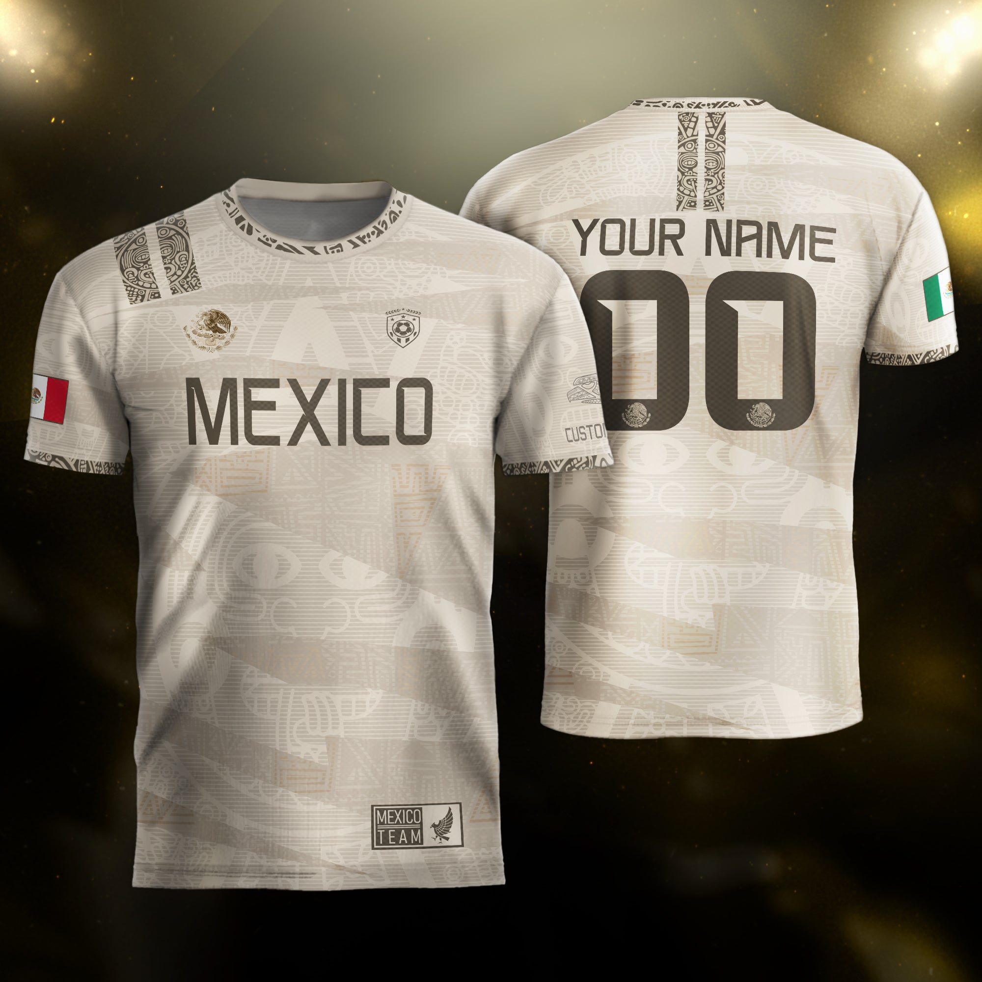 Camiseta de fútbol personalizada de México con estampado azteca en beige
