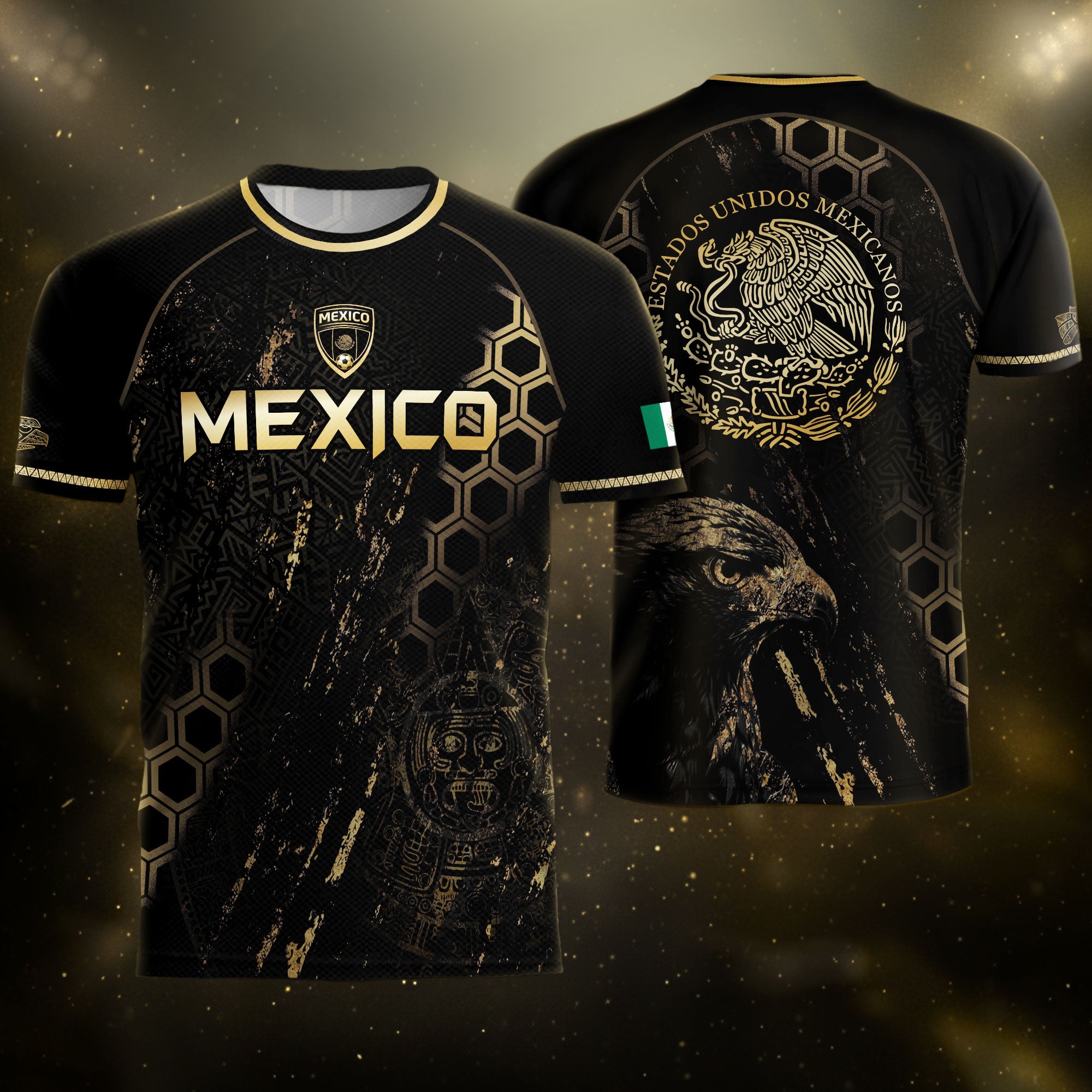 Mexico Heritage Orgullo Mexicano Black Gold Eagle Hexagon Pattern Soccer Jersey
