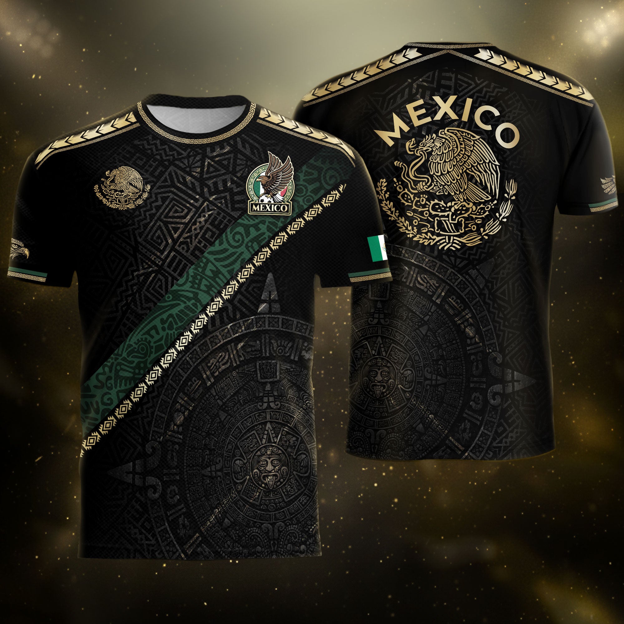 Mexico Heritage Orgullo Mexicano Black Gold Sash Aztec Calendar Gold Shoulder Soccer Jersey