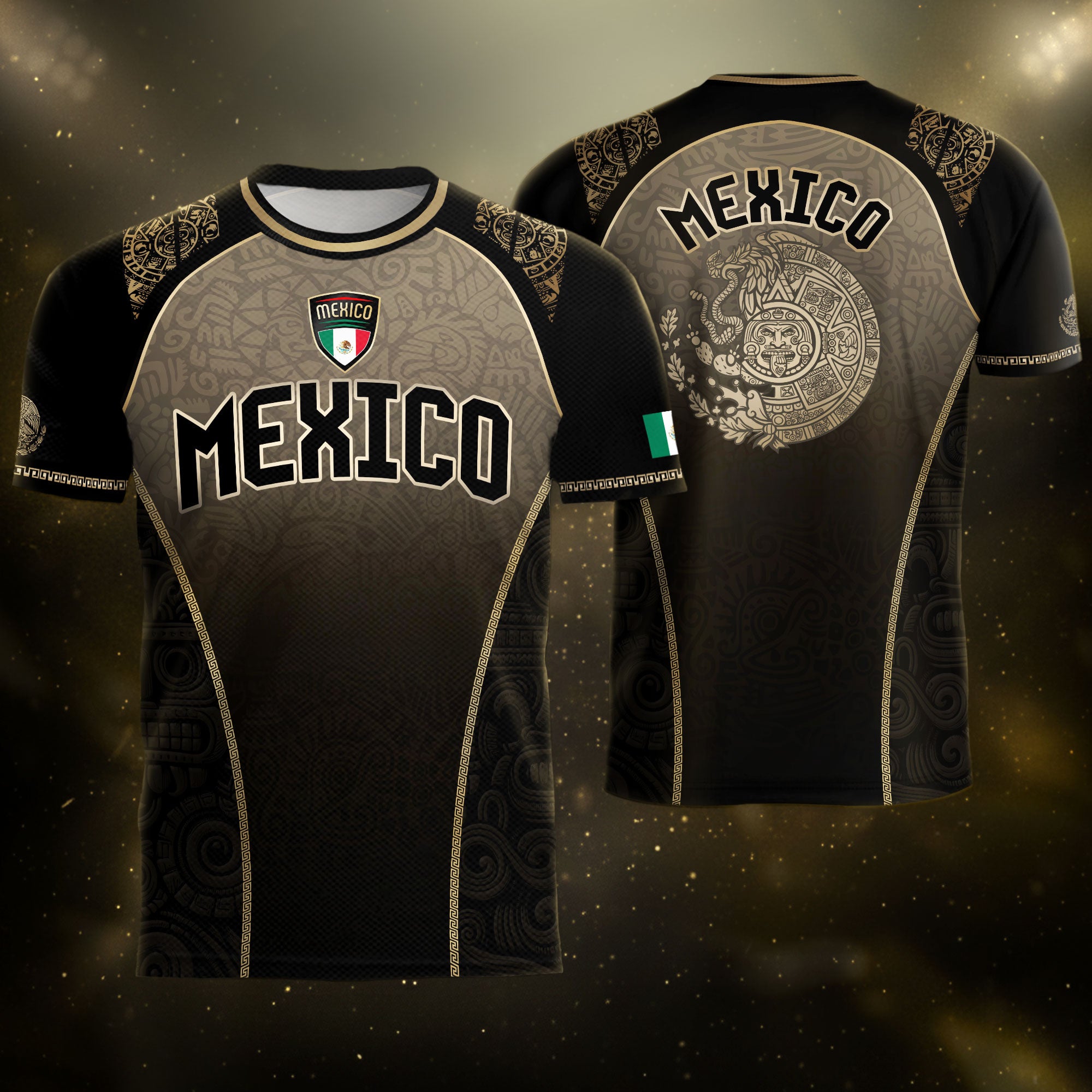 Mexico Heritage Black Tan Arch Design Aztec Empire Pride Graphic Soccer Jersey