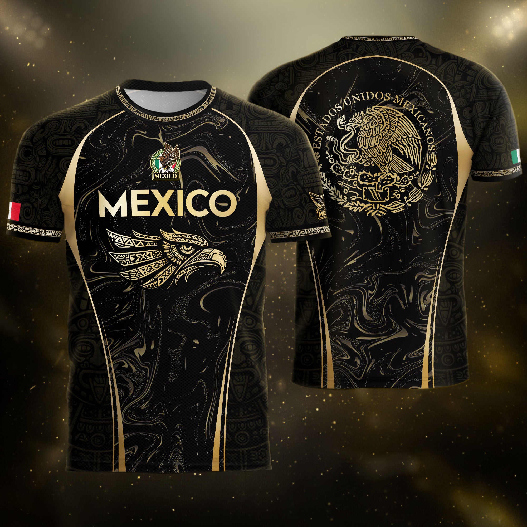 Mexico Coat of Arms Black Gold Aztec Eagle Warrior Heritage Soccer Jersey