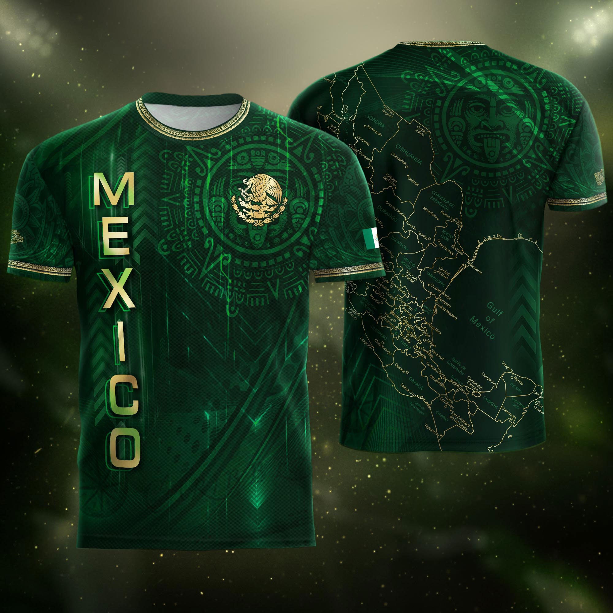 Mexico Heritage Orgullo Mexicano Green Gold Detailed Country Map Aztec Calendar Soccer Jersey