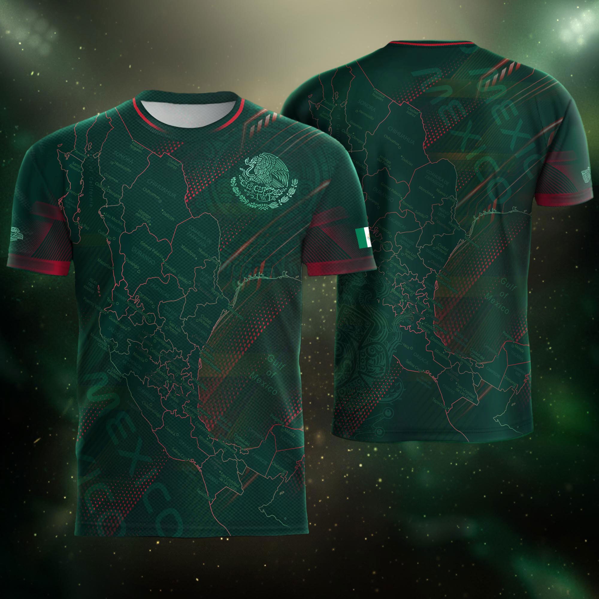 Mexico Heritage Orgullo Mexicano Green Red Detailed Country Map Aztec Soccer Jersey