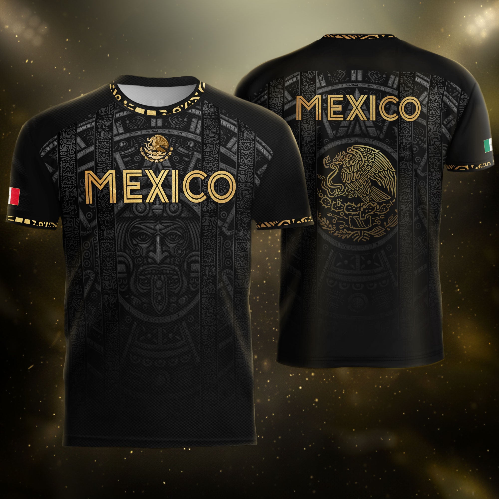Mexico Heritage Orgullo Mexicano Black Gold Aztec Sun Stone Calendar Soccer Jersey