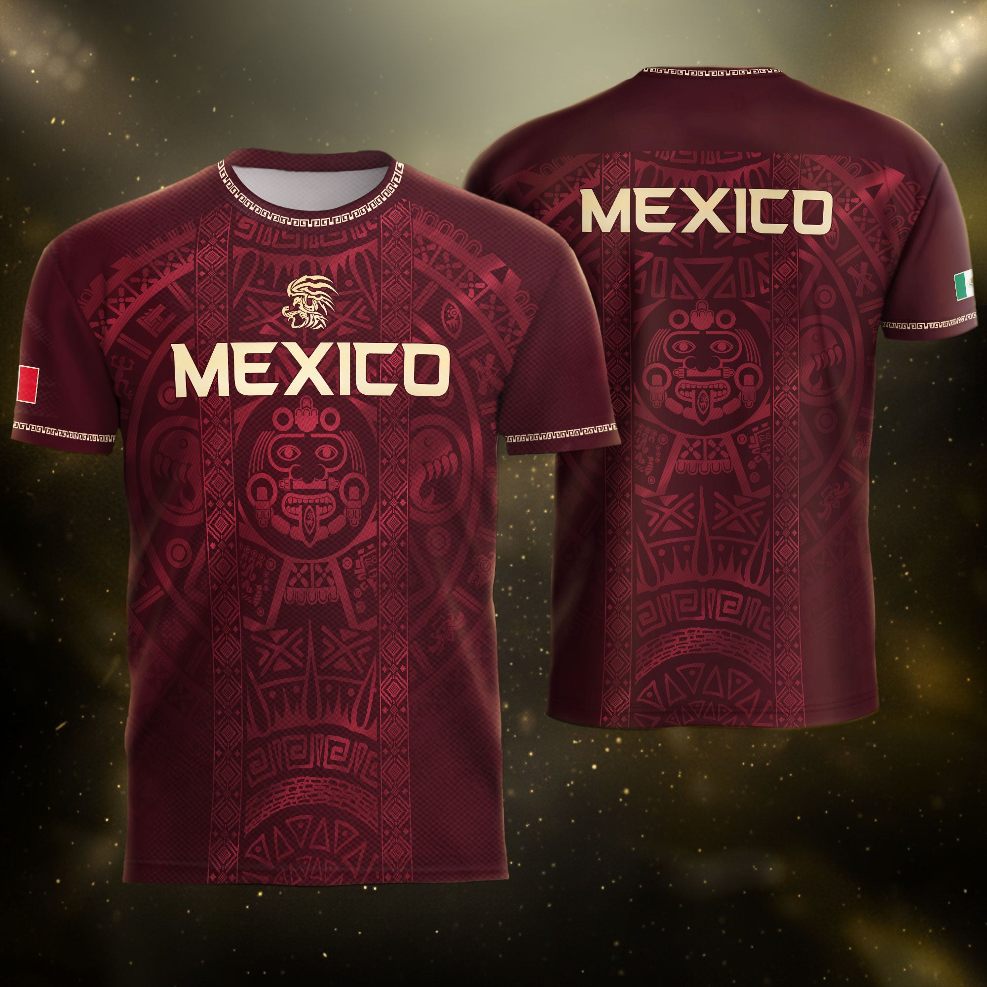 Mexico Heritage Orgullo Mexicano Maroon Burgundy Aztec Calendar Sun Stone Soccer Jersey