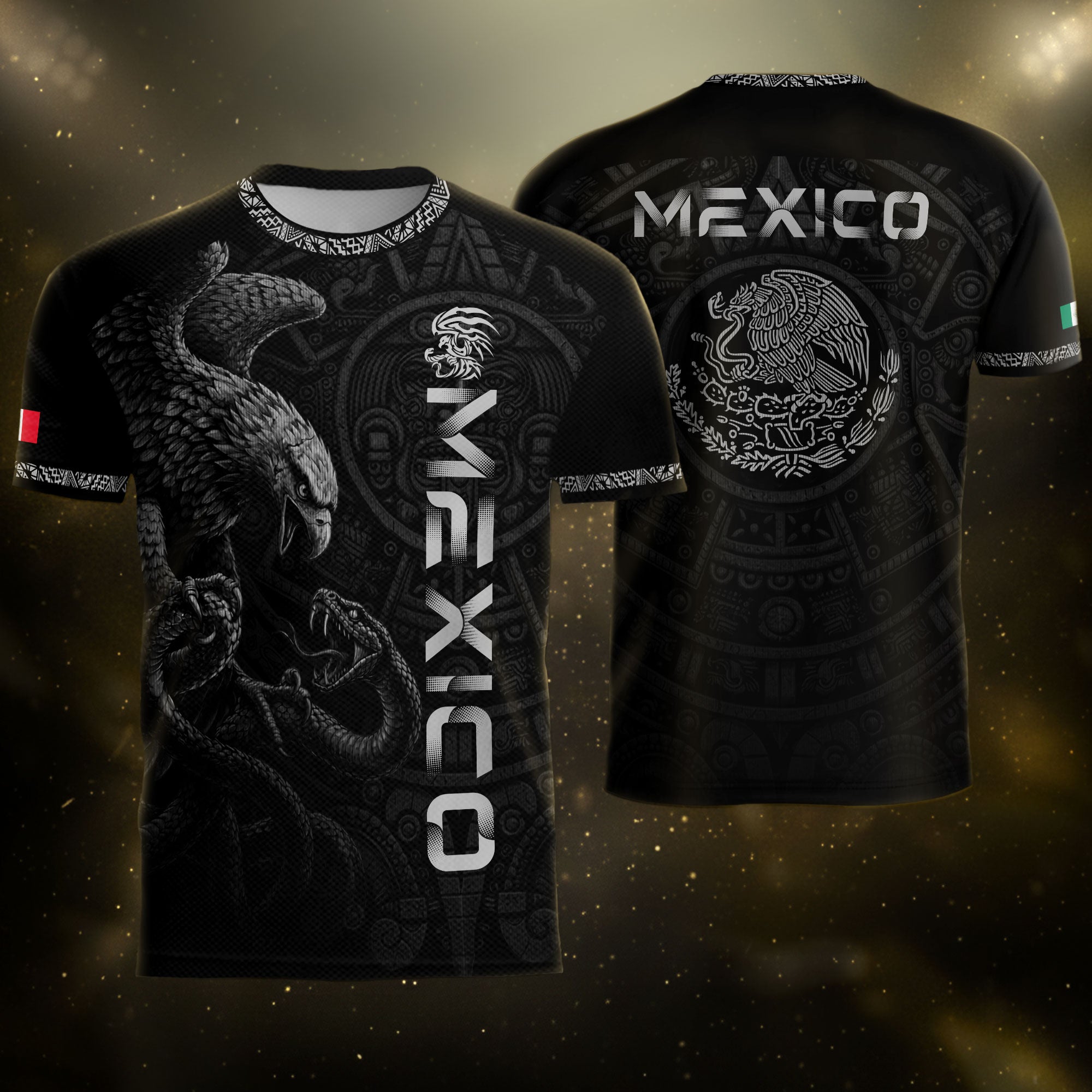 Mexico Coat of Arms Black Silver Eagle Snake Battle Aztec Calendar Heritage Soccer Jersey