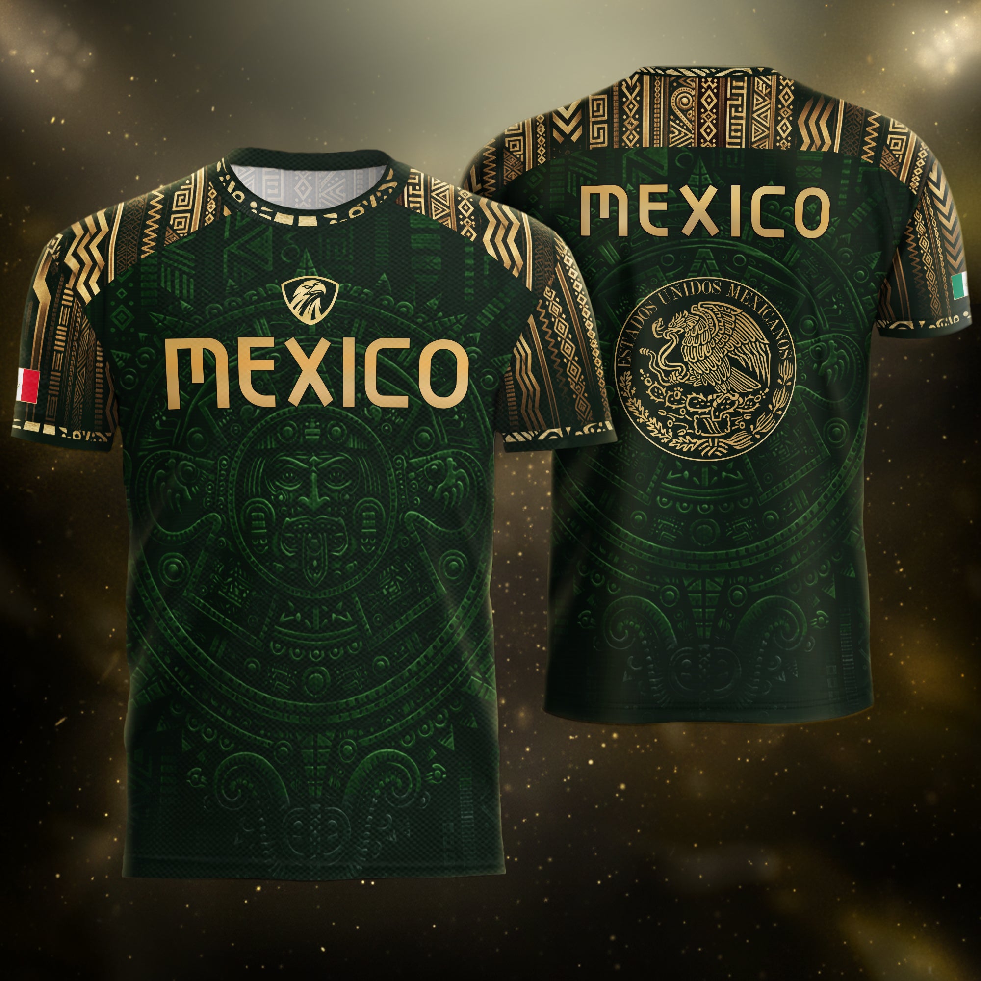 Mexico Heritage Orgullo Mexicano Green Gold Aztec Calendar Sun Stone Soccer Jersey