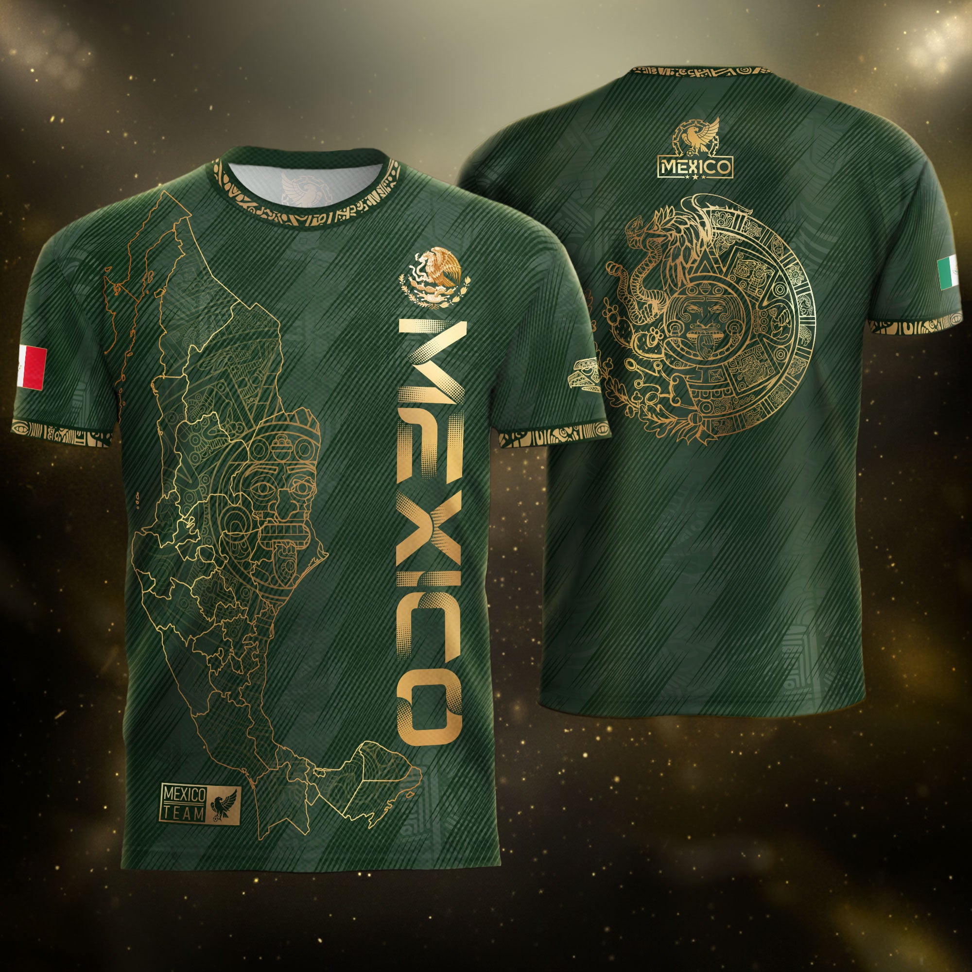 Mexico Heritage Orgullo Mexicano Green Gold Country Map Aztec Calendar Soccer Jersey