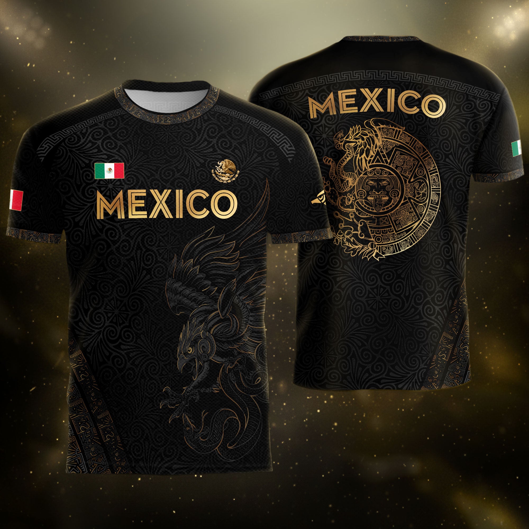 Mexico Heritage Black Gold Eagle Graphic Floral Pattern Pride Soccer Jersey