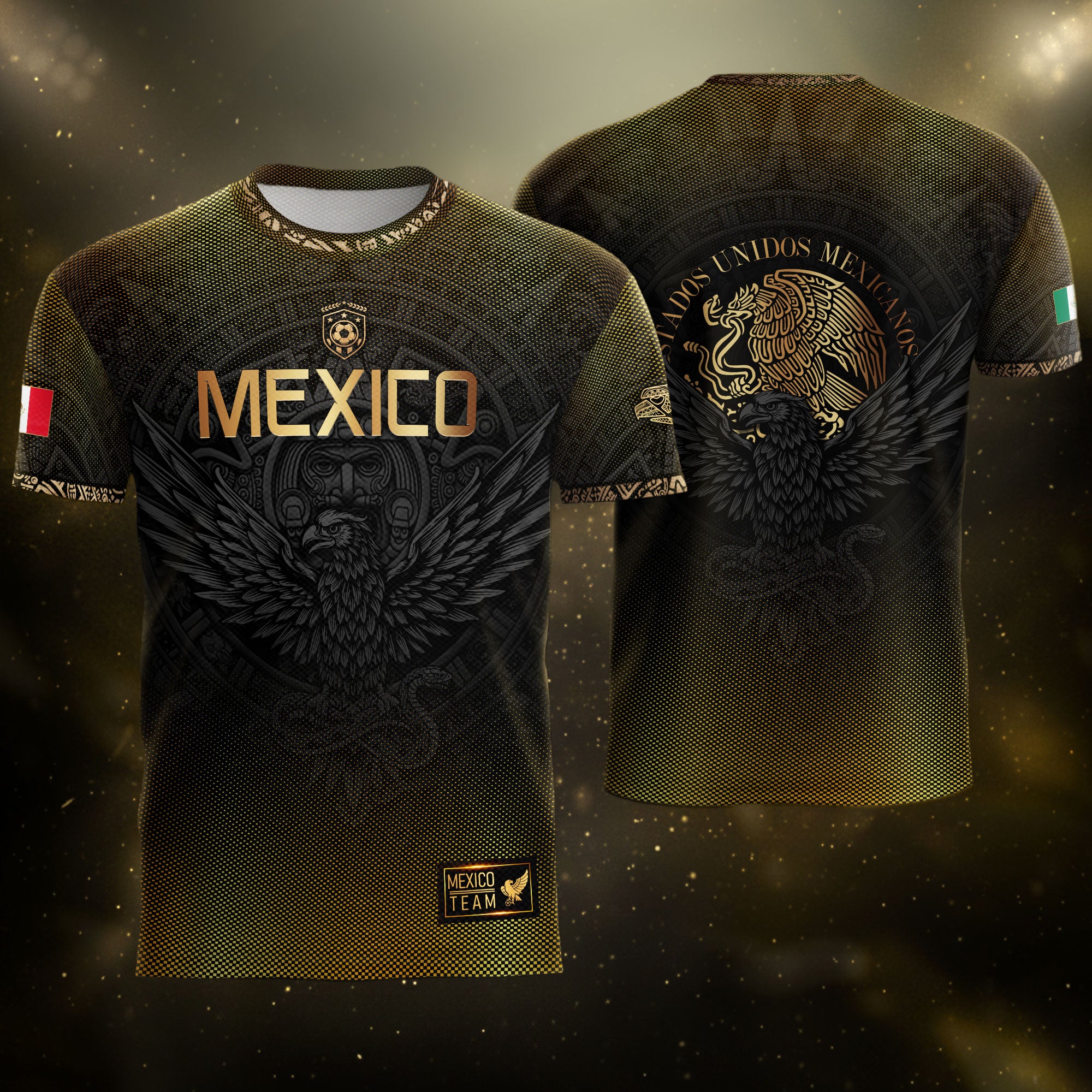 Mexico Heritage Orgullo Mexicano Black Gold Eagle Gradient Aztec Calendar Soccer Jersey