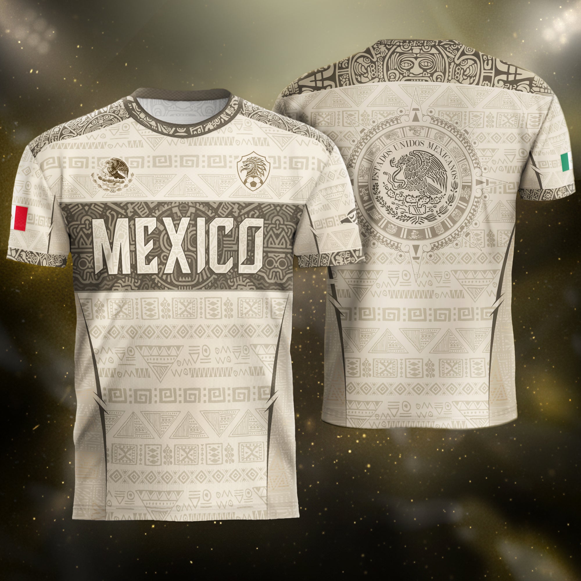 Mexico Coat of Arms Beige Aztec Mayan Tribal Geometric Pattern Heritage Soccer Jersey