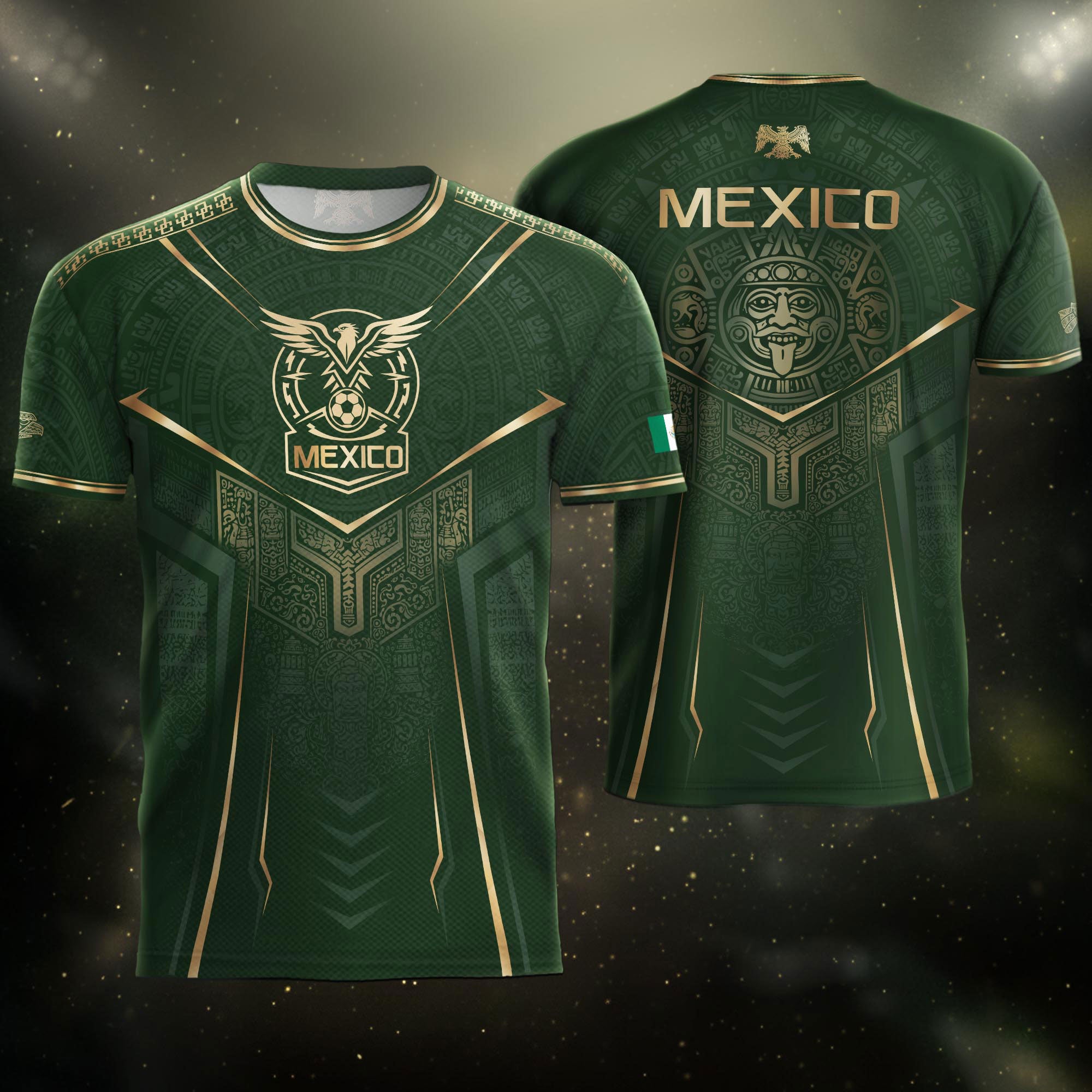 Camiseta de fútbol premium con emblema de águila azteca verde y dorado de México