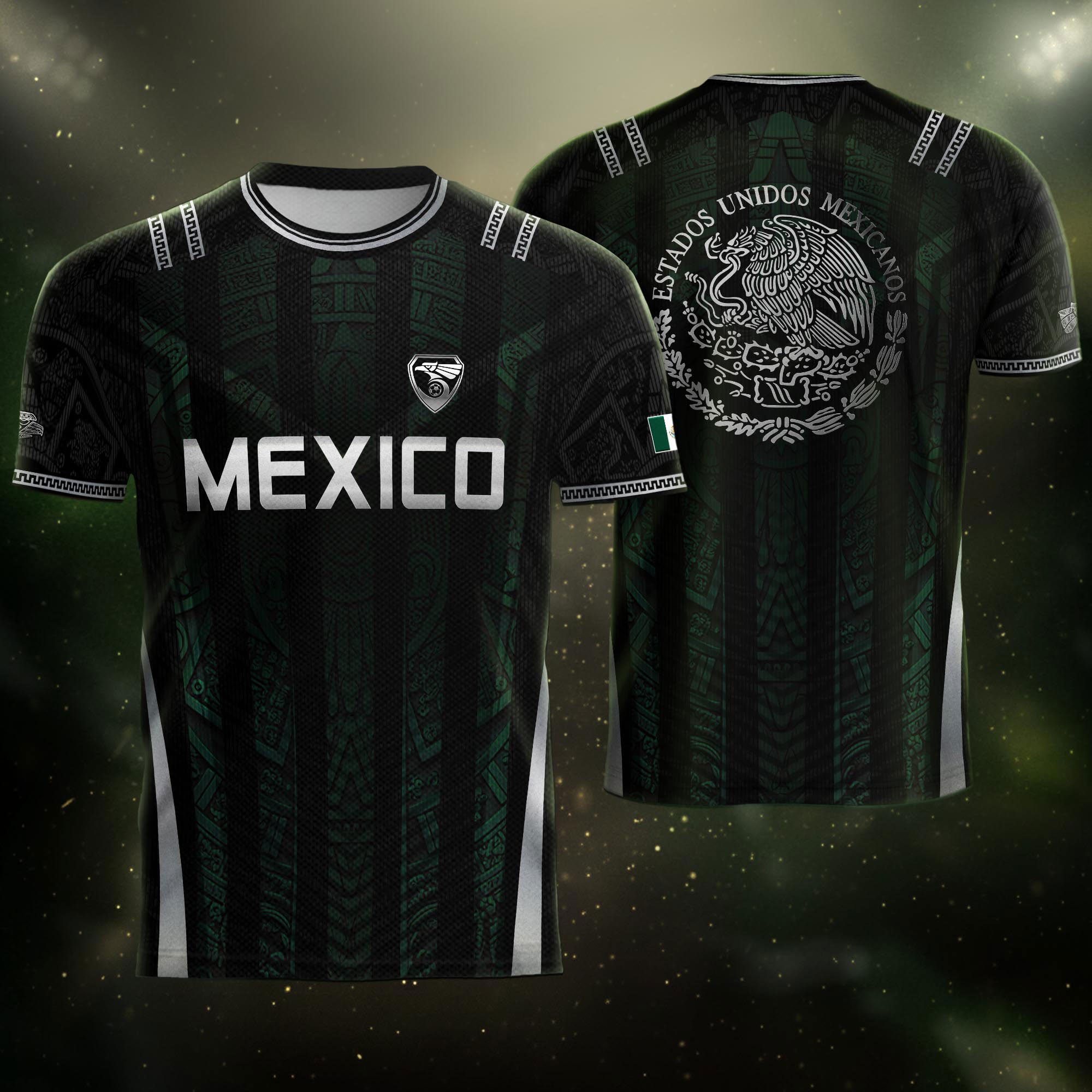 Camiseta de fútbol premium con emblema de águila azteca verde y dorado de México