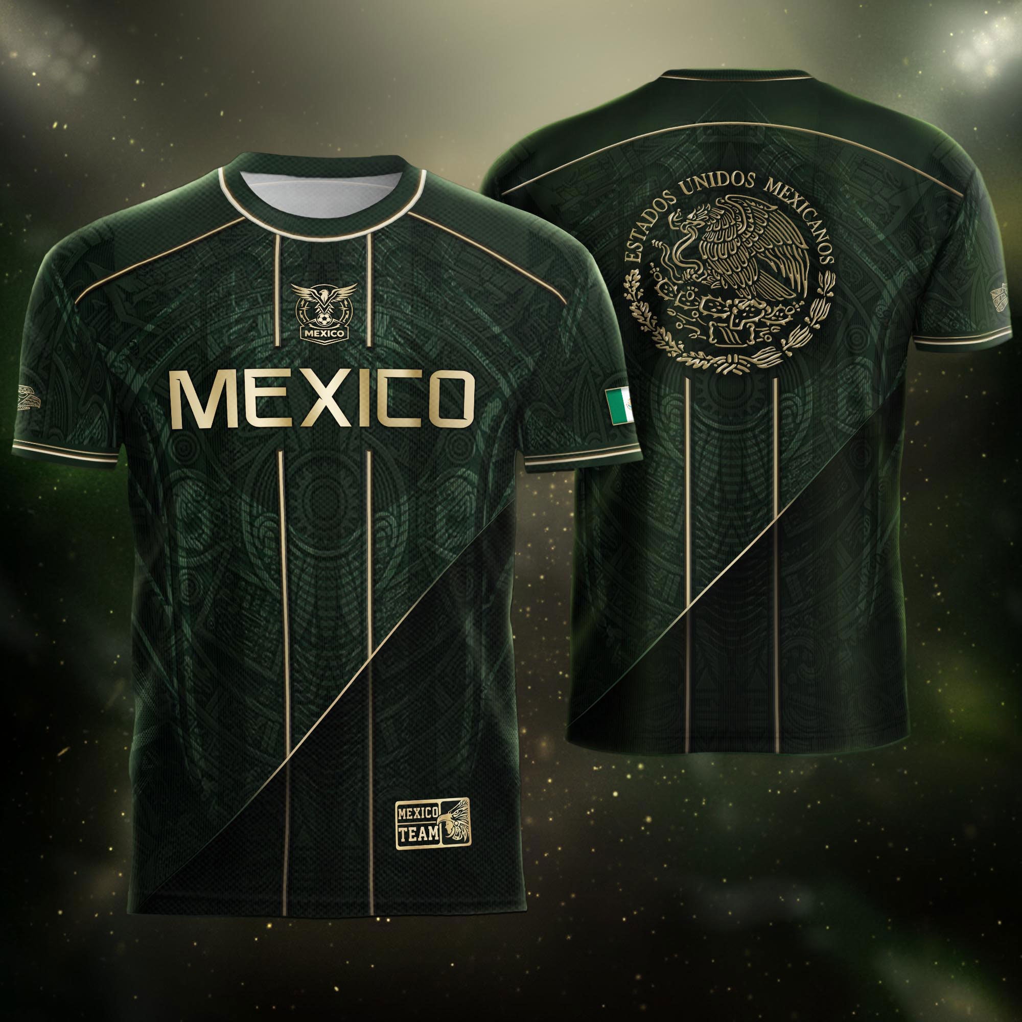 Camiseta de fútbol premium con emblema de águila azteca verde y dorado de México