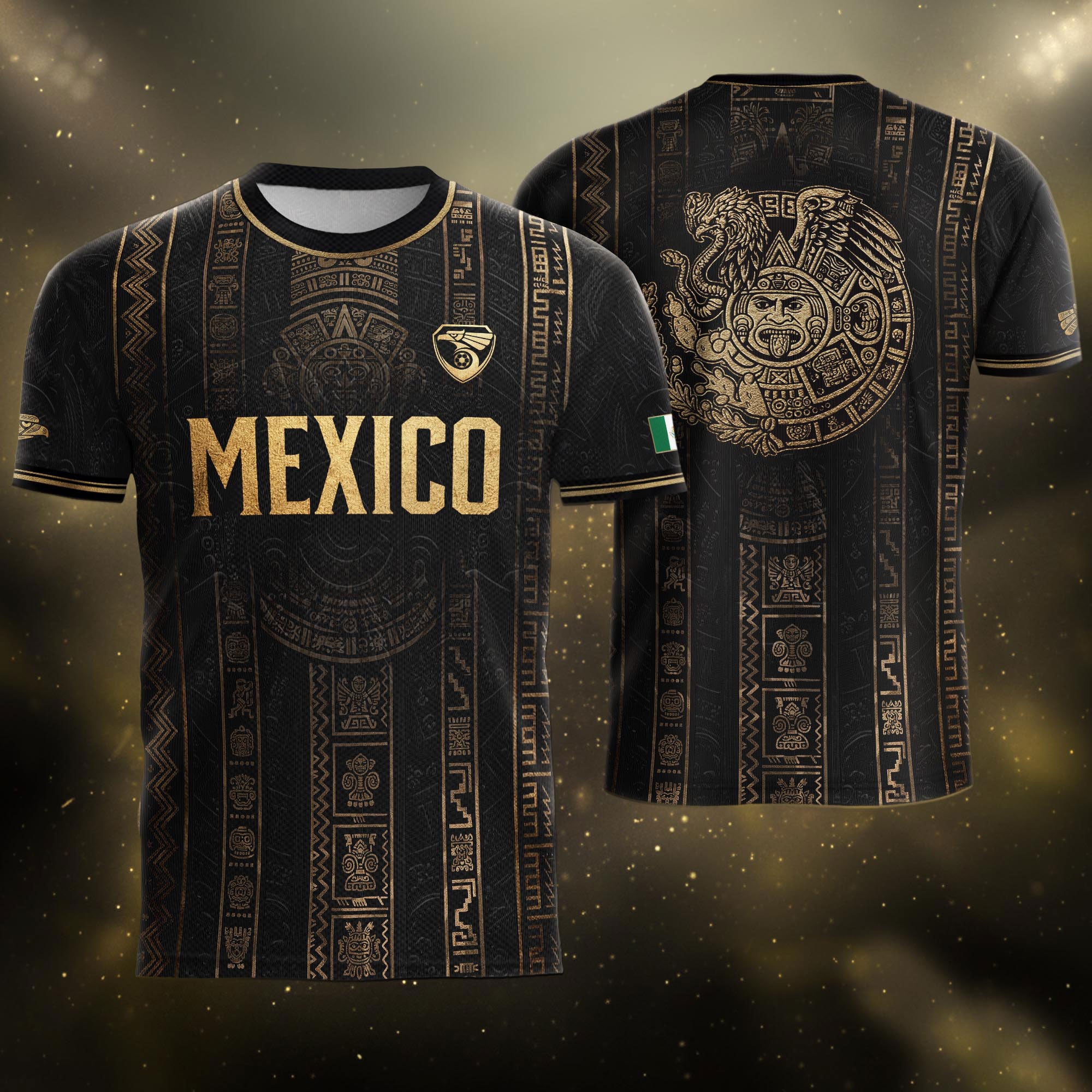 Camiseta de fútbol premium con emblema de águila azteca verde y dorado de México