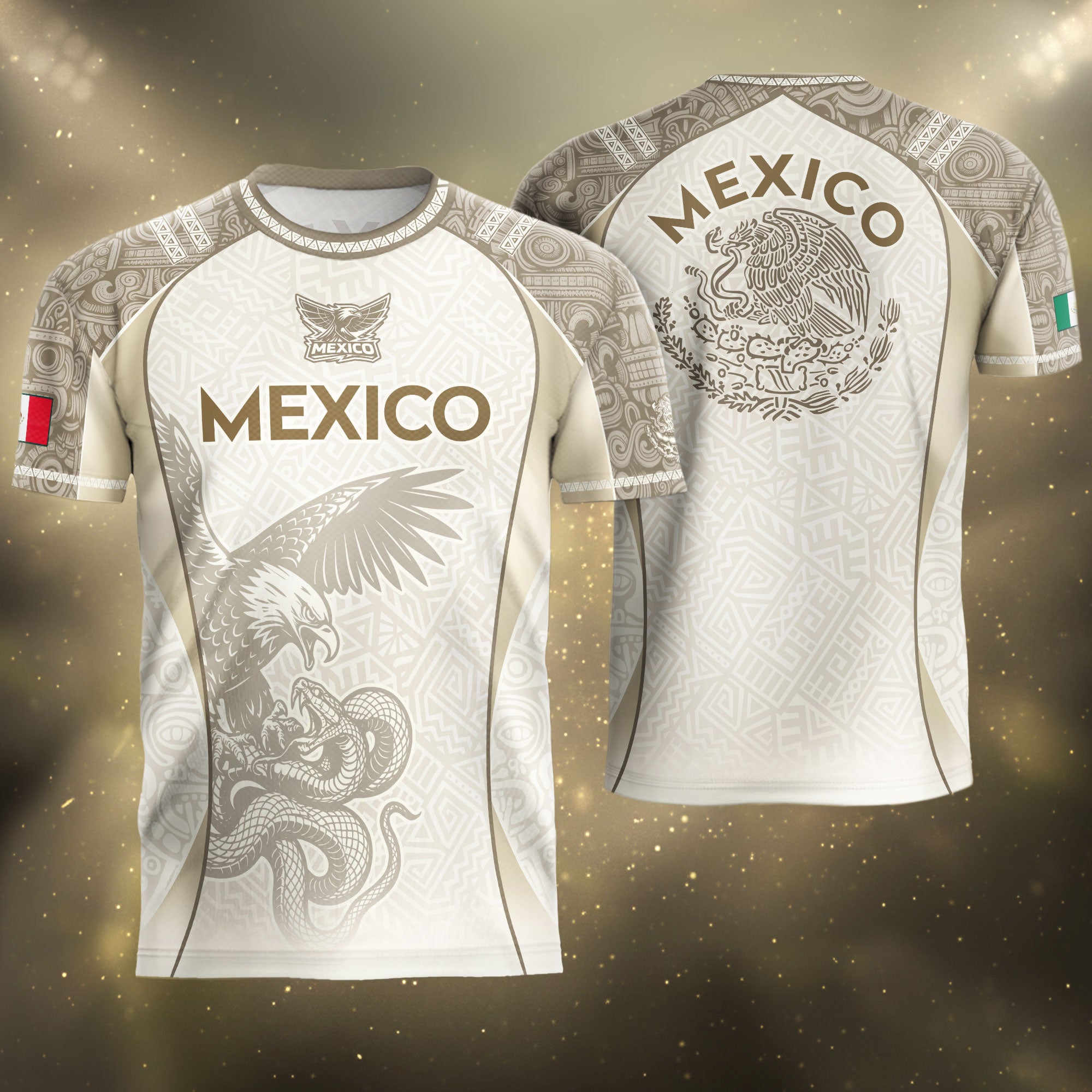 Mexico Beige Aztec Eagle Snake Heritage Soccer Jersey Mexican Pride Design