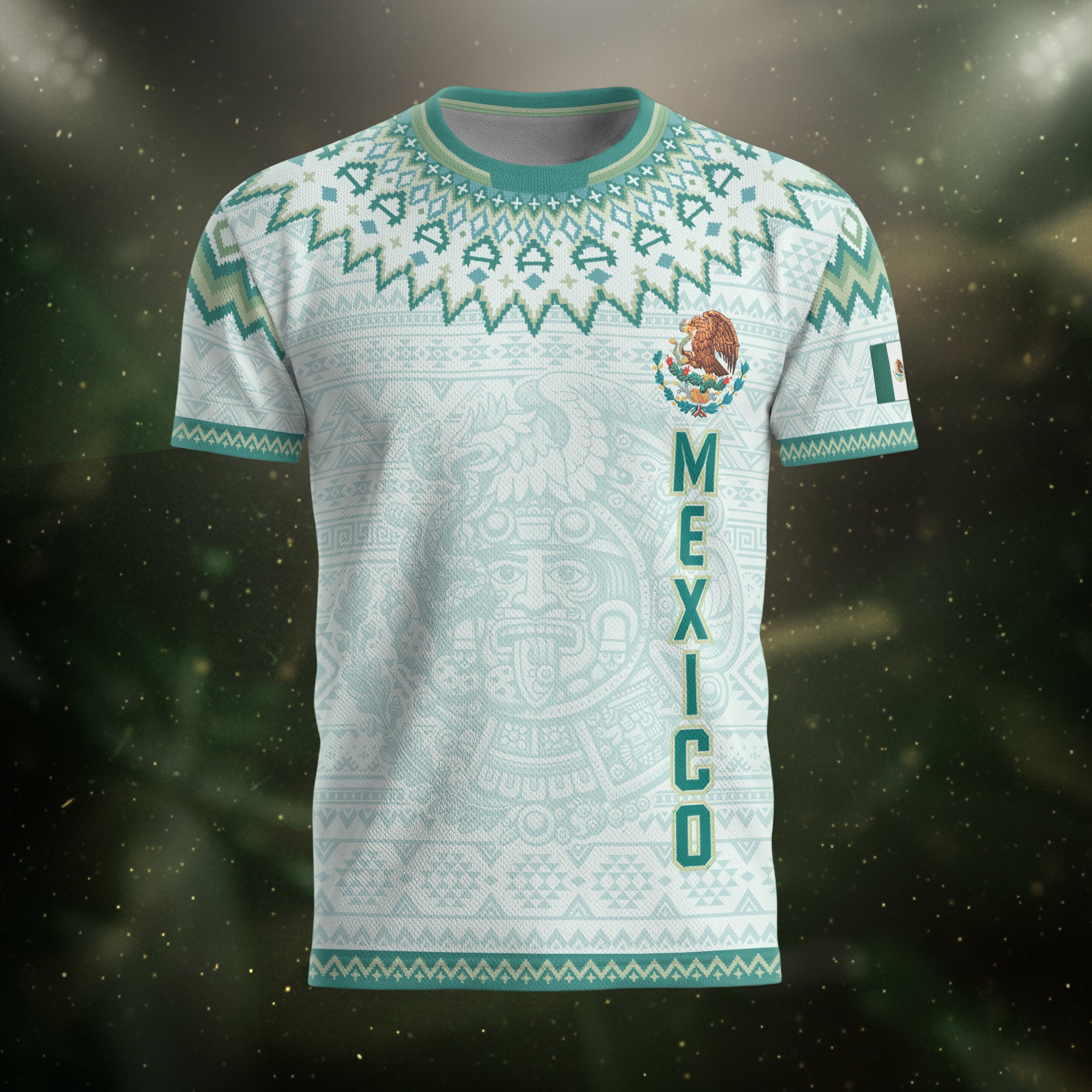 Mexico Soccer Jersey Men Aztec Calendar White Teal Adult Football Shirt Sportswear Tee