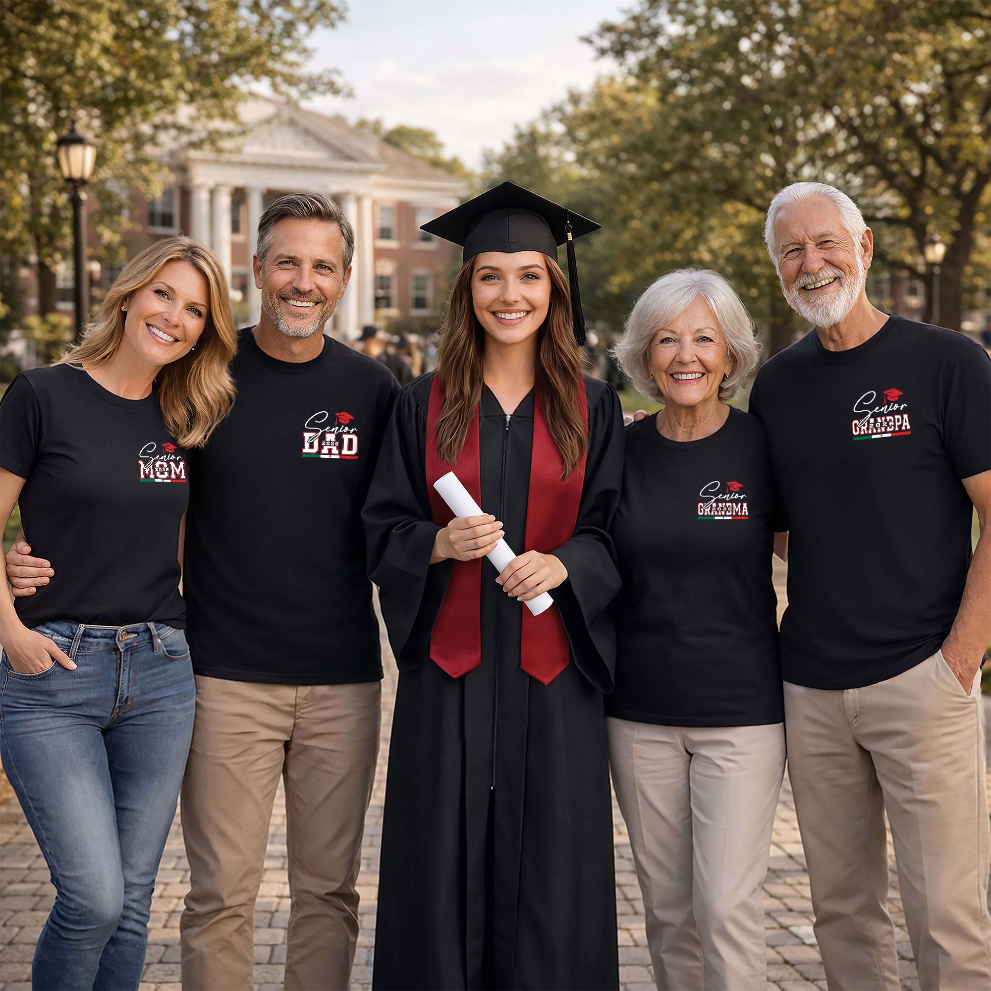 Senior Family 2026 Black T-Shirt Mexico Flag Colors - Class of 2026 Graduation Tee
