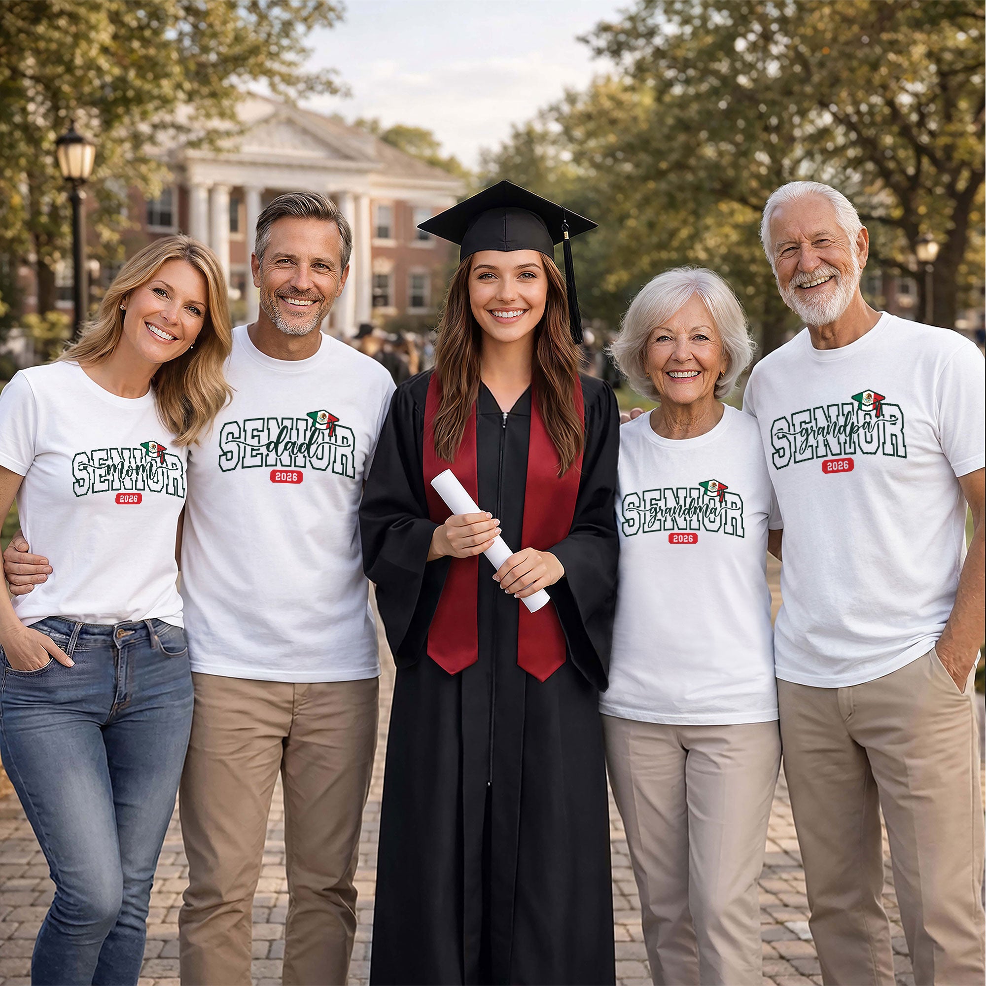 Senior Family 2026 T-Shirt White with Mexico Flag Graduation Cap - Class of 2026 Tee