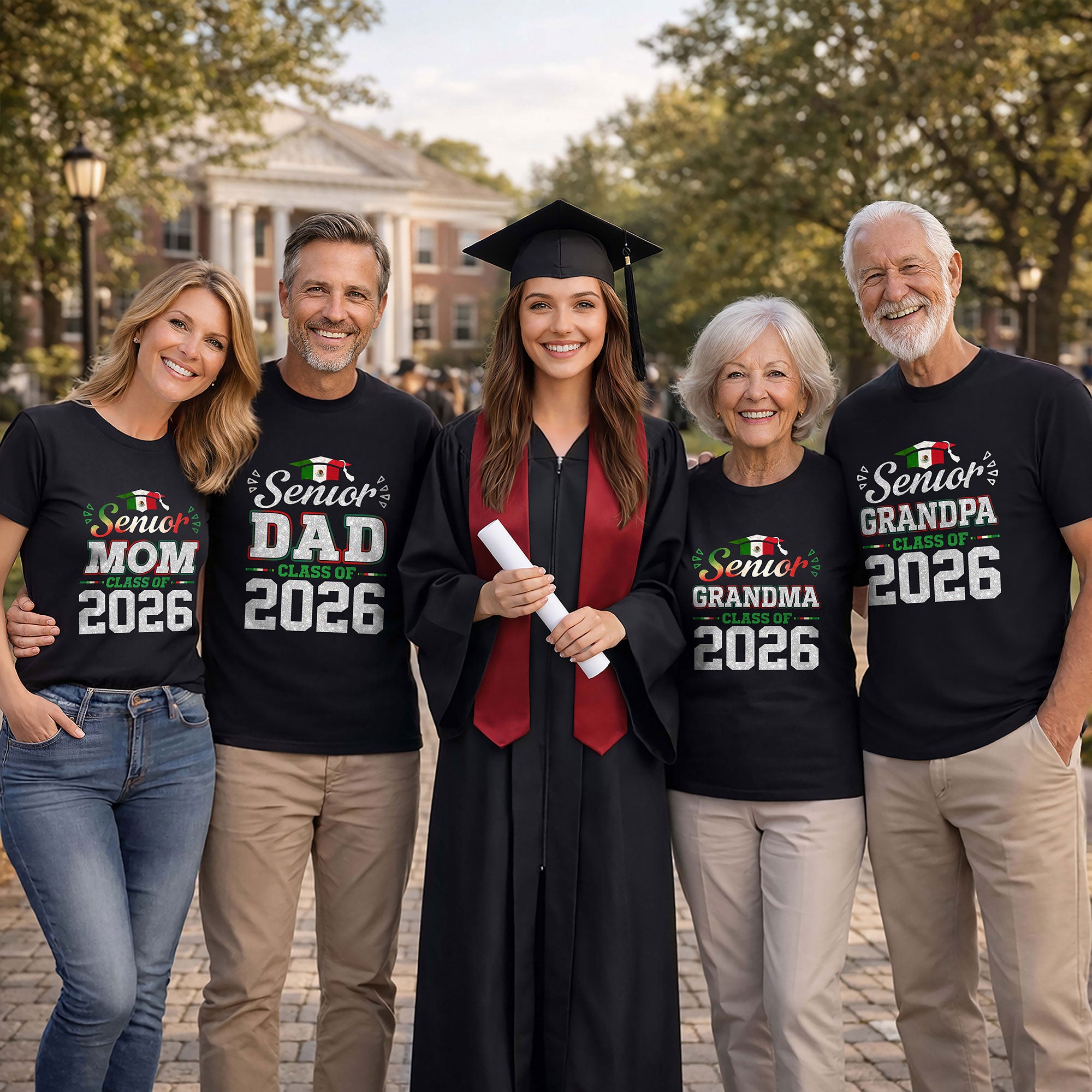 Senior Family 2026 Mexico Flag Varsity Shirt - Proud Mexican Silver Glitter Graduation Tee..